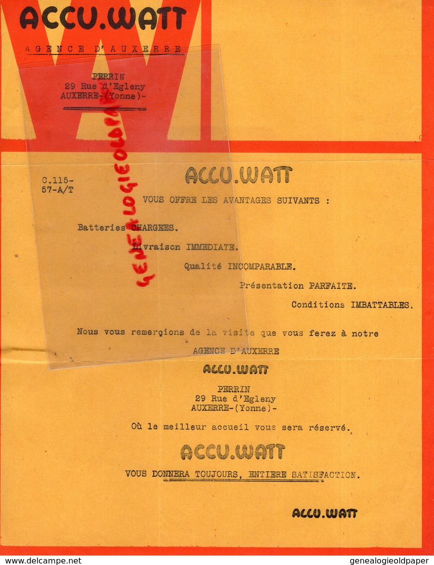 89-AUXERRE- PUBLICITE ACCU-WATT- PERRIN 29 RUE D' EGLENY- BATTERIE AUTOMOBILE- AUTO  YONNE - Automovilismo