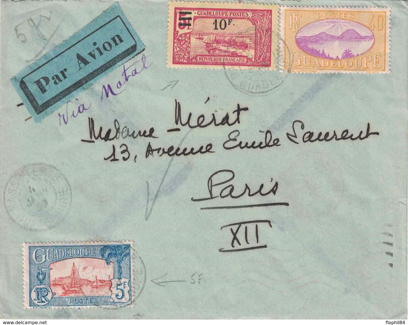 GUADELOUPE - BASSE-TERRE - 4 JANVIER 1939 - LETTRE AVION POUR LA FRANCE VIA NATAL - BEL AFFRANCHISSEMENT AVEC 10F ET 5F - Lettres & Documents