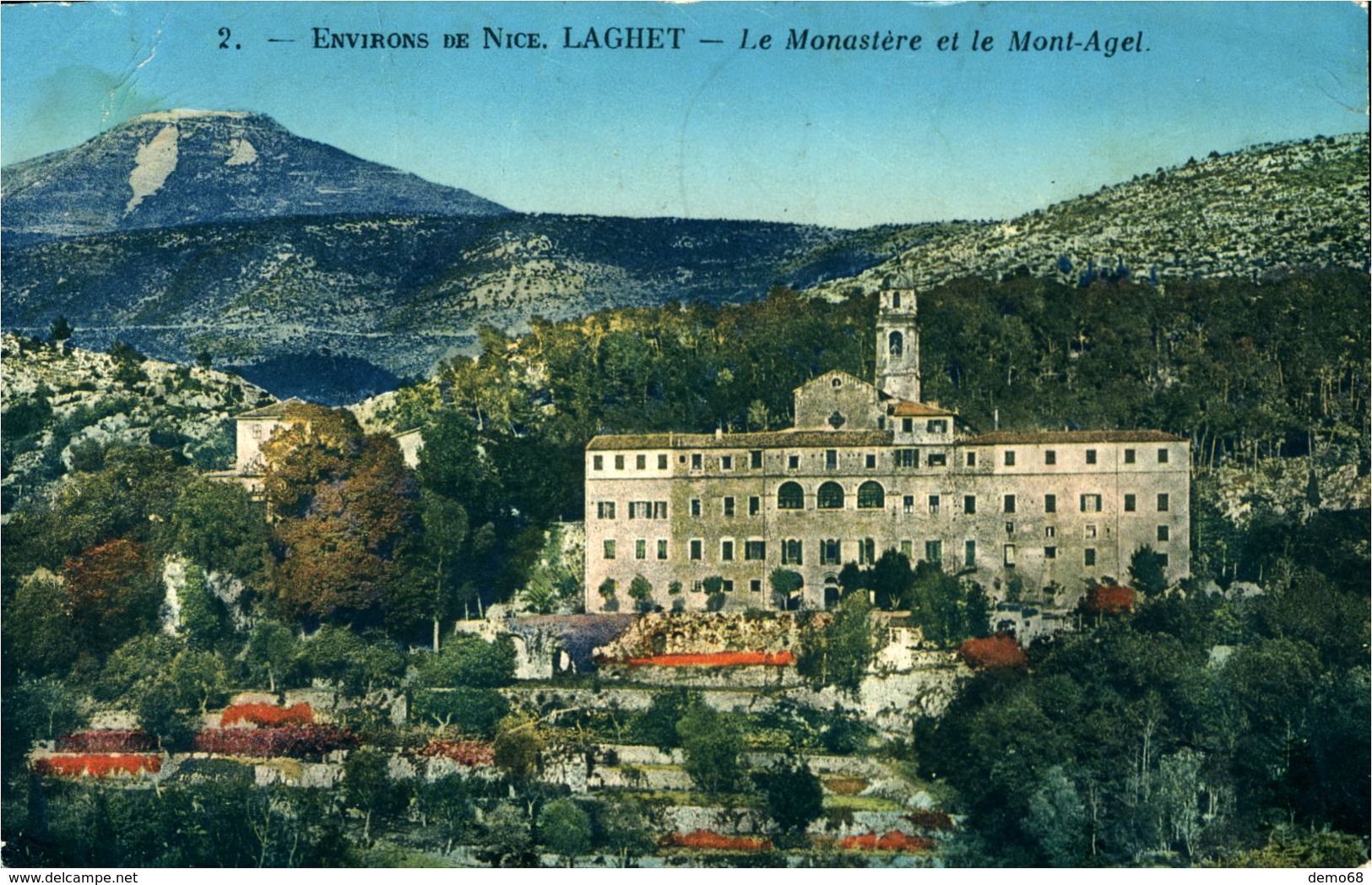 Nice  CPA 06 Alpes Maritimes   Environs De....  LAGHET Le Monastère Et Le Mont Agel Carte Recollée Sur Carton - Monuments, édifices