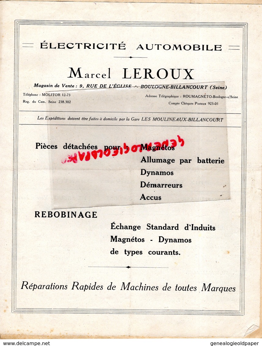 92- BOULOGNE BILLANCOURT- CATALOGUE MARCEL LEROUX- ELECTRICITE AUTO-AUTOMOBILE-9 RUE EGLISE- - Cars