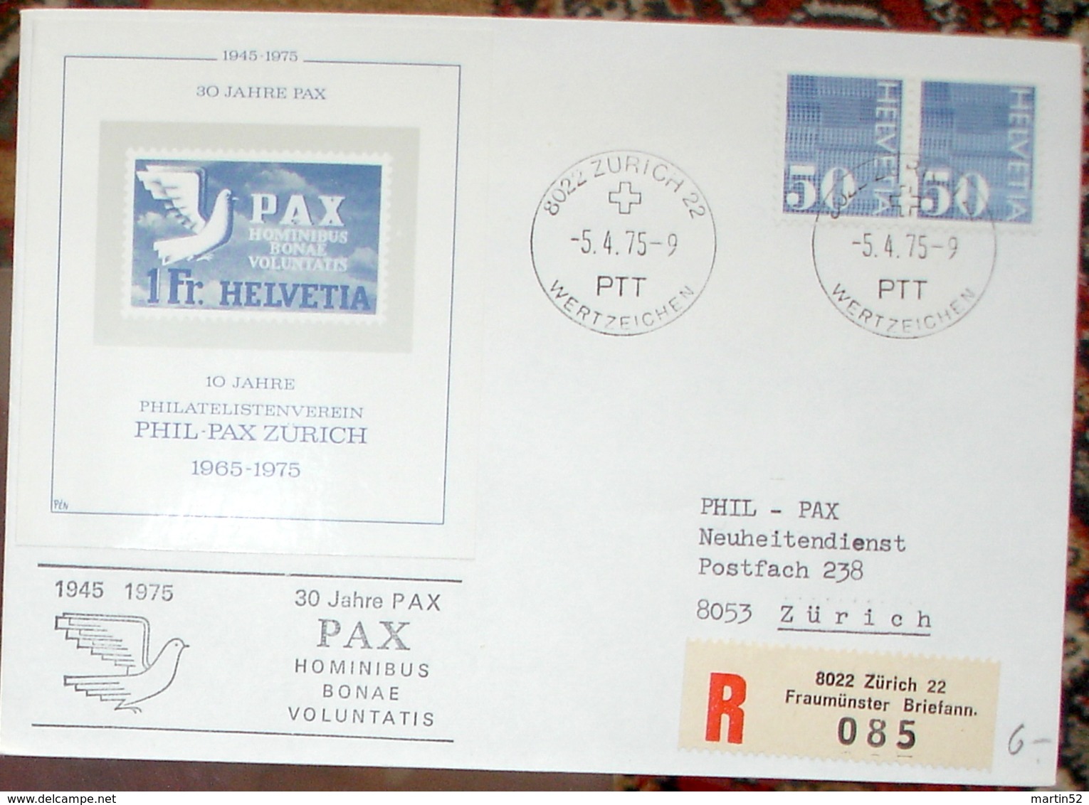Schweiz Suisse 1975:  Vignetten-Block "30 JAHRE PAX" (1945-1975) Mit Zu 485 Mi 935 Yv 863 O ZÜRICH 5.4.75 - Piccioni & Colombe