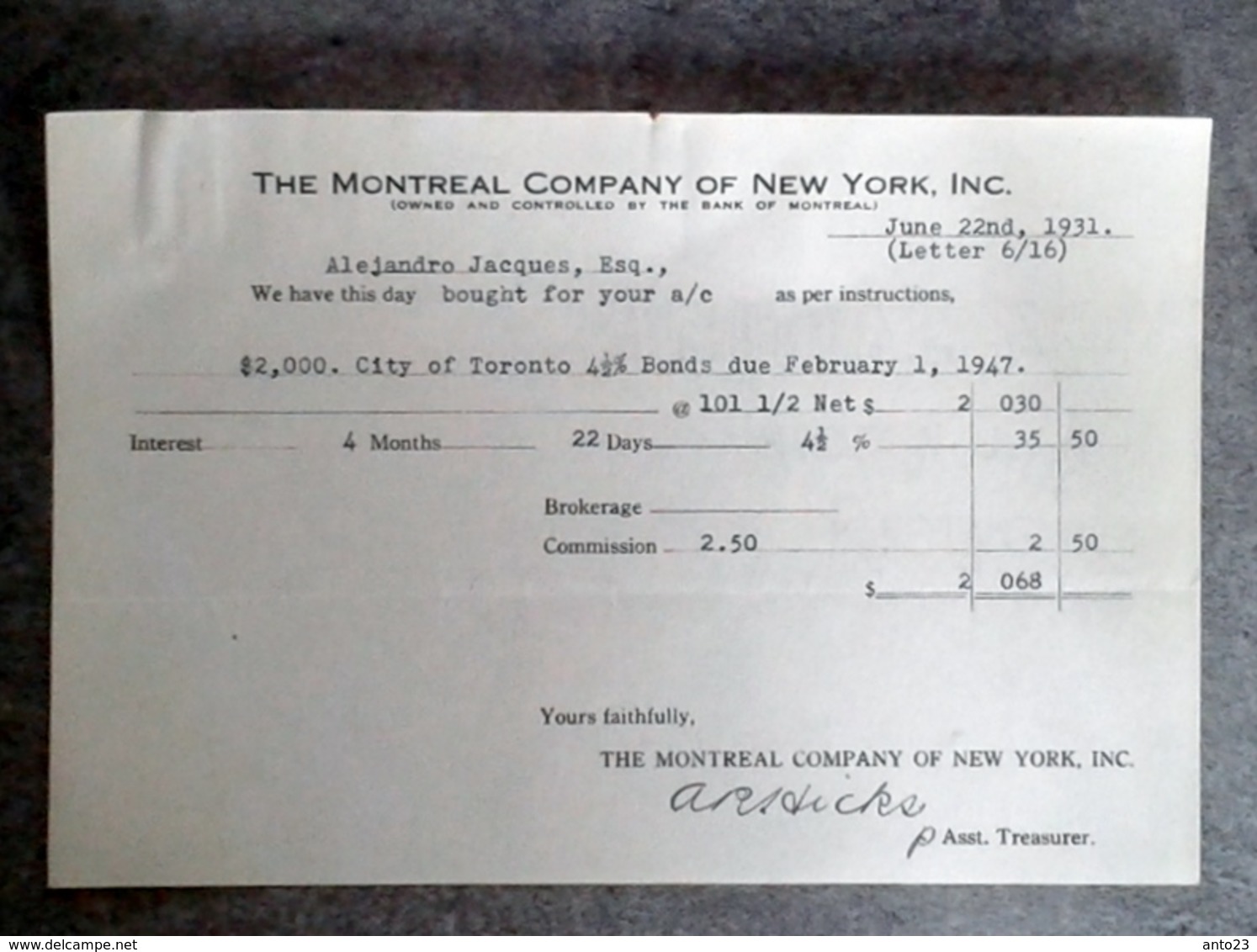 BANQUE BANK OF MONTRÉAL A NEW YORK 1932 POUR MARSEILLE 13007 COURRIER DE TRANSACTIONS BOURSIERE - Autres & Non Classés