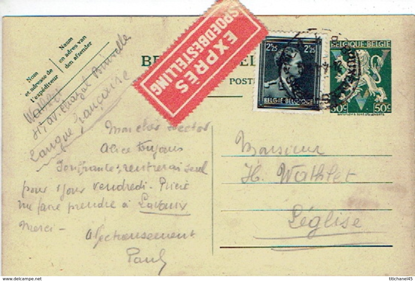 N°644 Sur Entier Postal EXPRES De BRUXELLES Vers LEGLISE - 1936-1957 Open Collar