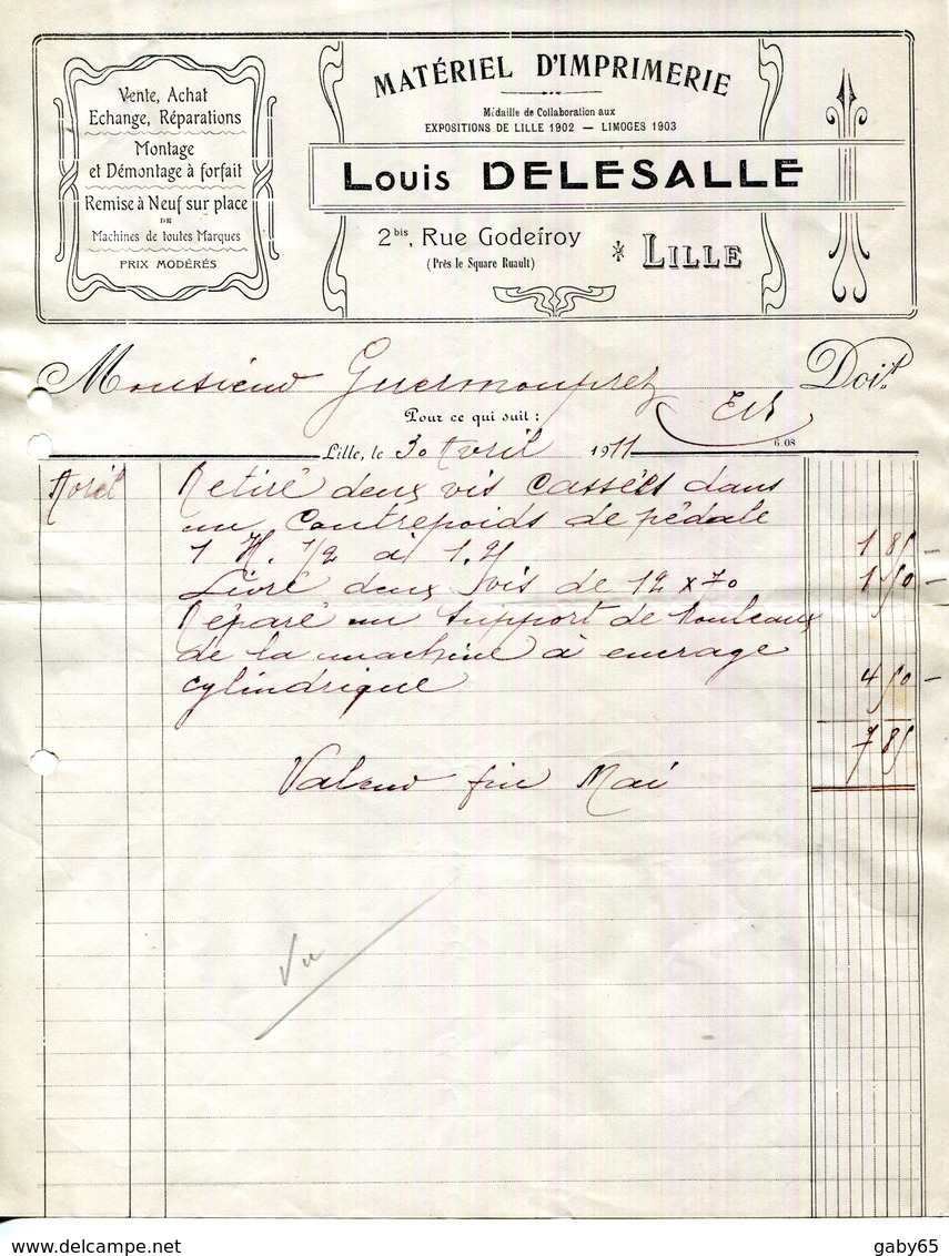 59.NORD.LILLE.MATERIEL D'IMPRIMERIE.LOUIS DELASSALLE 2 Bis RUE GODEFROY. - Imprimerie & Papeterie