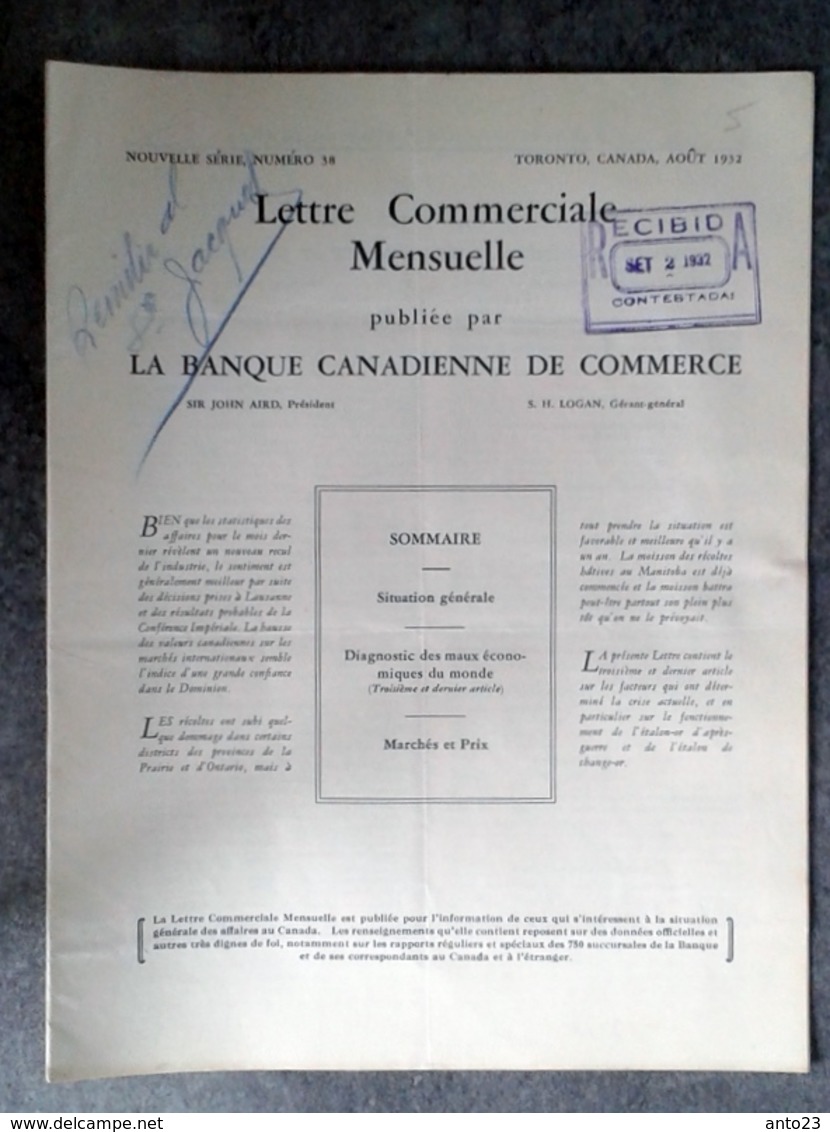 LETTRE COMMERCIALE LA BANQUE COMMERCIALE CANADIENNE 1932 - Autres & Non Classés