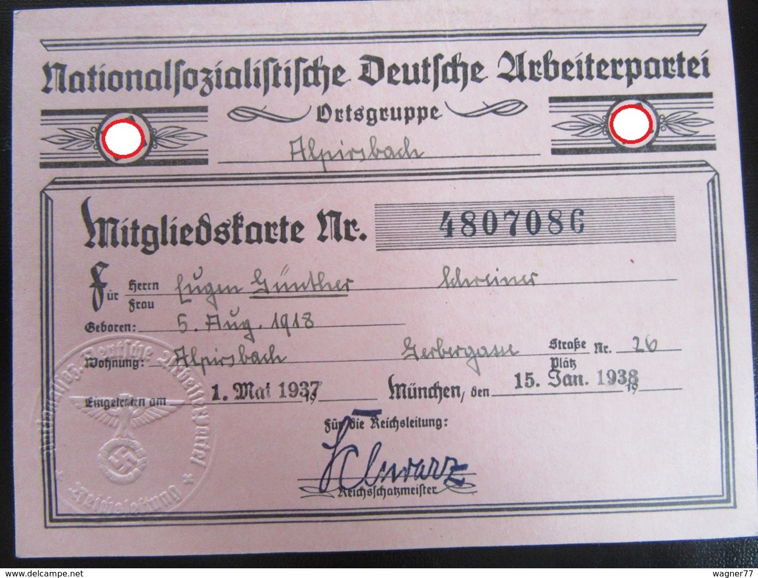 Mitgliedskarte NSDAP - Nazi Party Membership Card - Briefe U. Dokumente