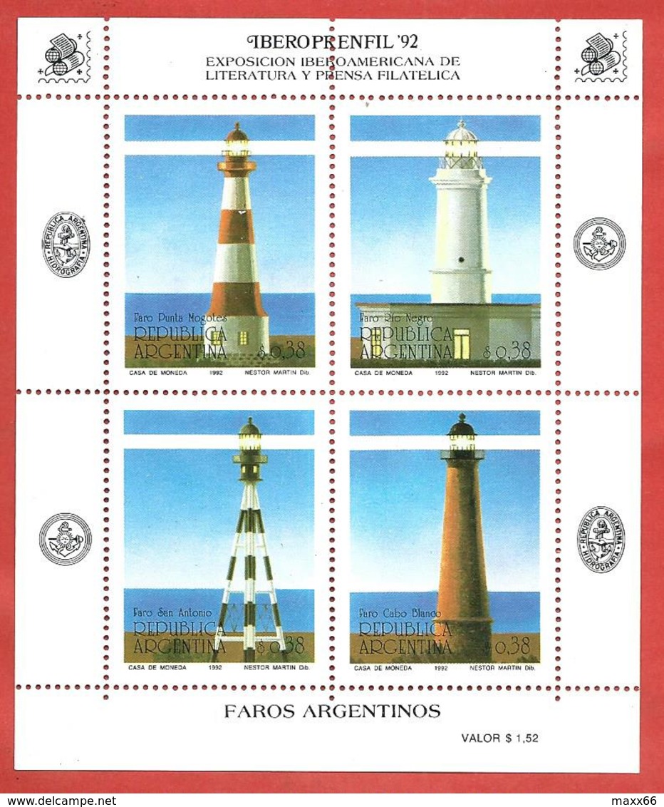 ARGENTINA MNH - 1992 IBEROPRENFIL '92 - Lighthouses - 4 X 0,38 $ Peso - Michel AR BL52 - Blocks & Kleinbögen