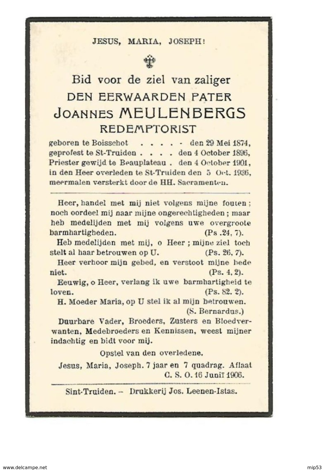 P 365. E.PATER JOANNES MEULENBERGS - Redemptorist - °BOISSCHOT 1874 / ST-TRUIDEN / BEAUPLATEAU / +ST-TRUIDEN 1936 - Imágenes Religiosas