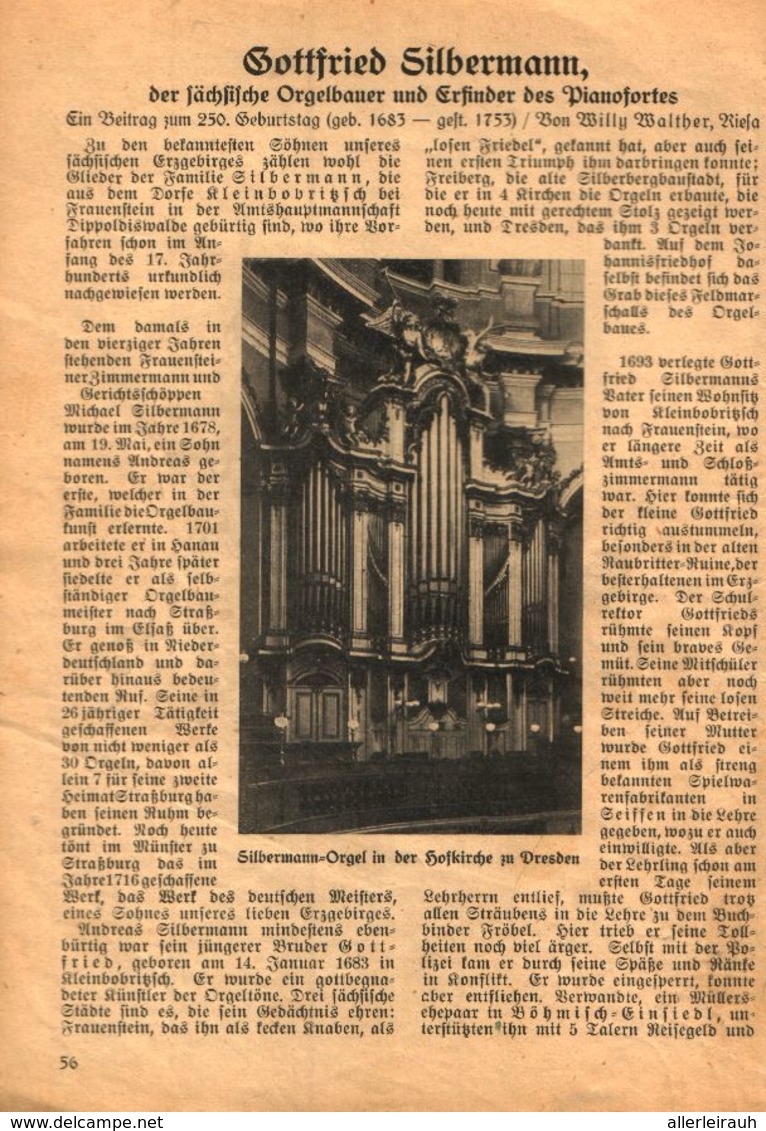 Gottfried Silbermann, Der Sächsische Orgelbauer Und Erfinder Des Pianofortes / Artikel, Entnommen Aus Kalender / 1933 - Bücherpakete