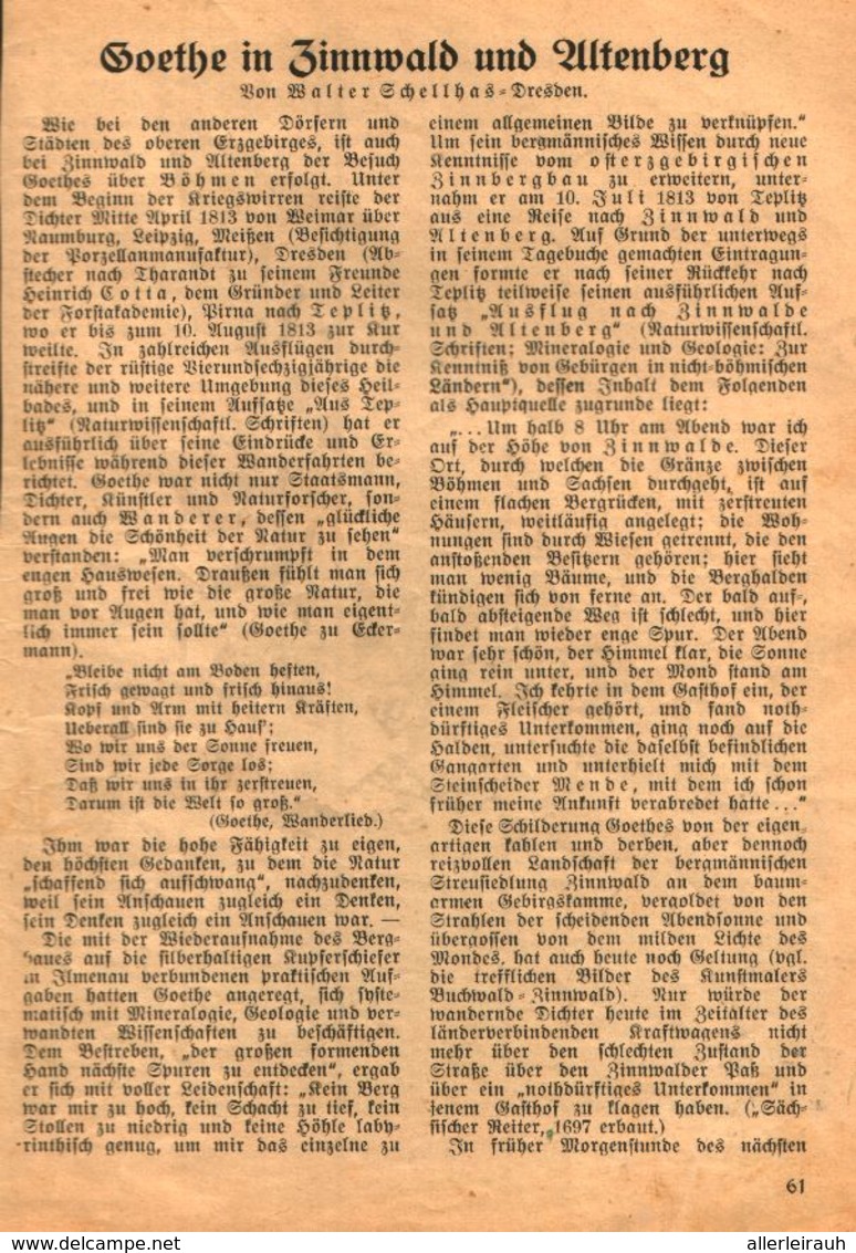 Goethe In Zinnwald Und Altenberg / Artikel, Entnommen Aus Kalender / 1933 - Paketten