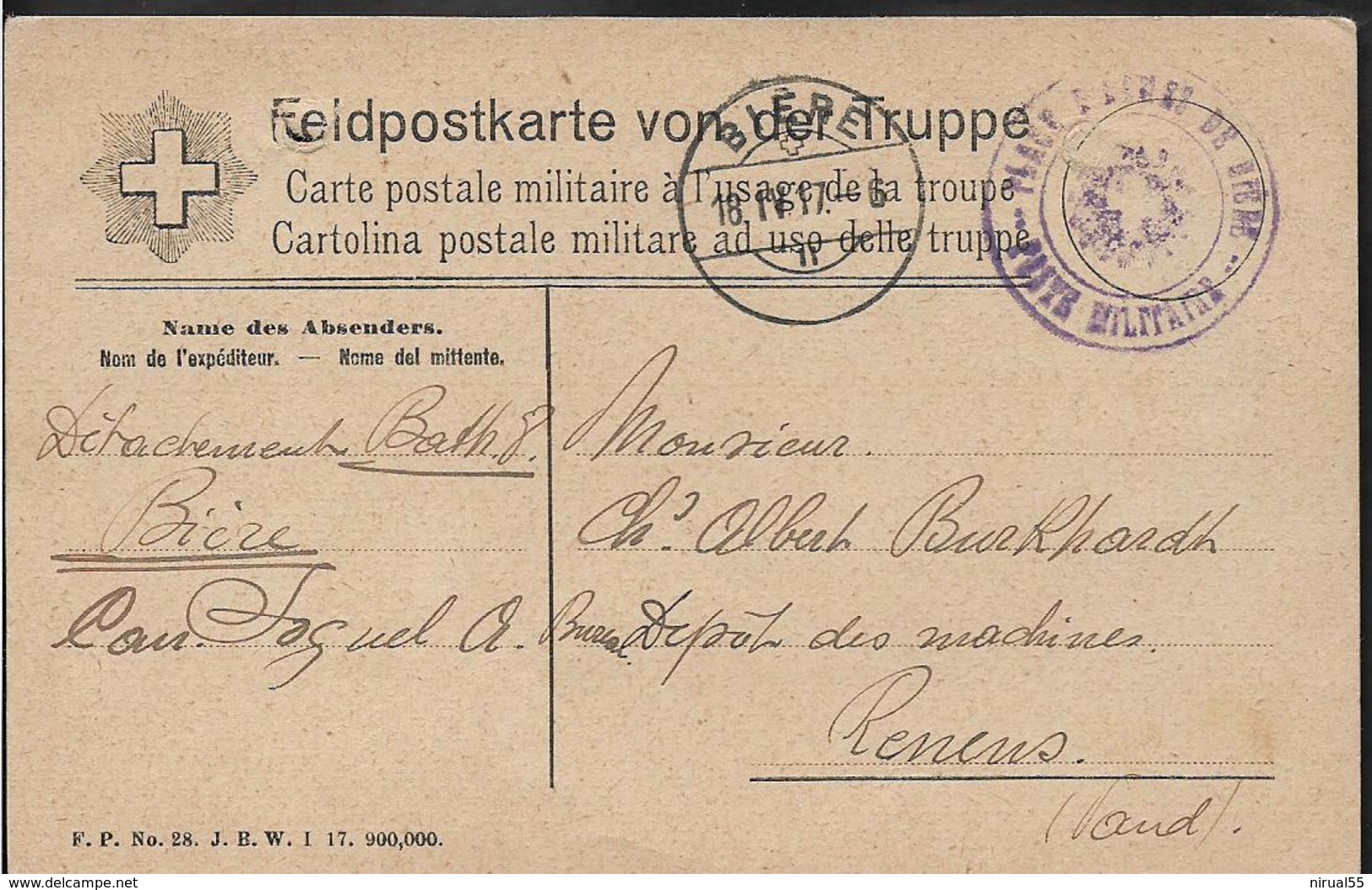 Guerre 14 18 BIERE Suisse CAD 18.11.1917 + Cachet POSTE MILITAIRE Sur Carte Militaire ....G - Abstempelungen