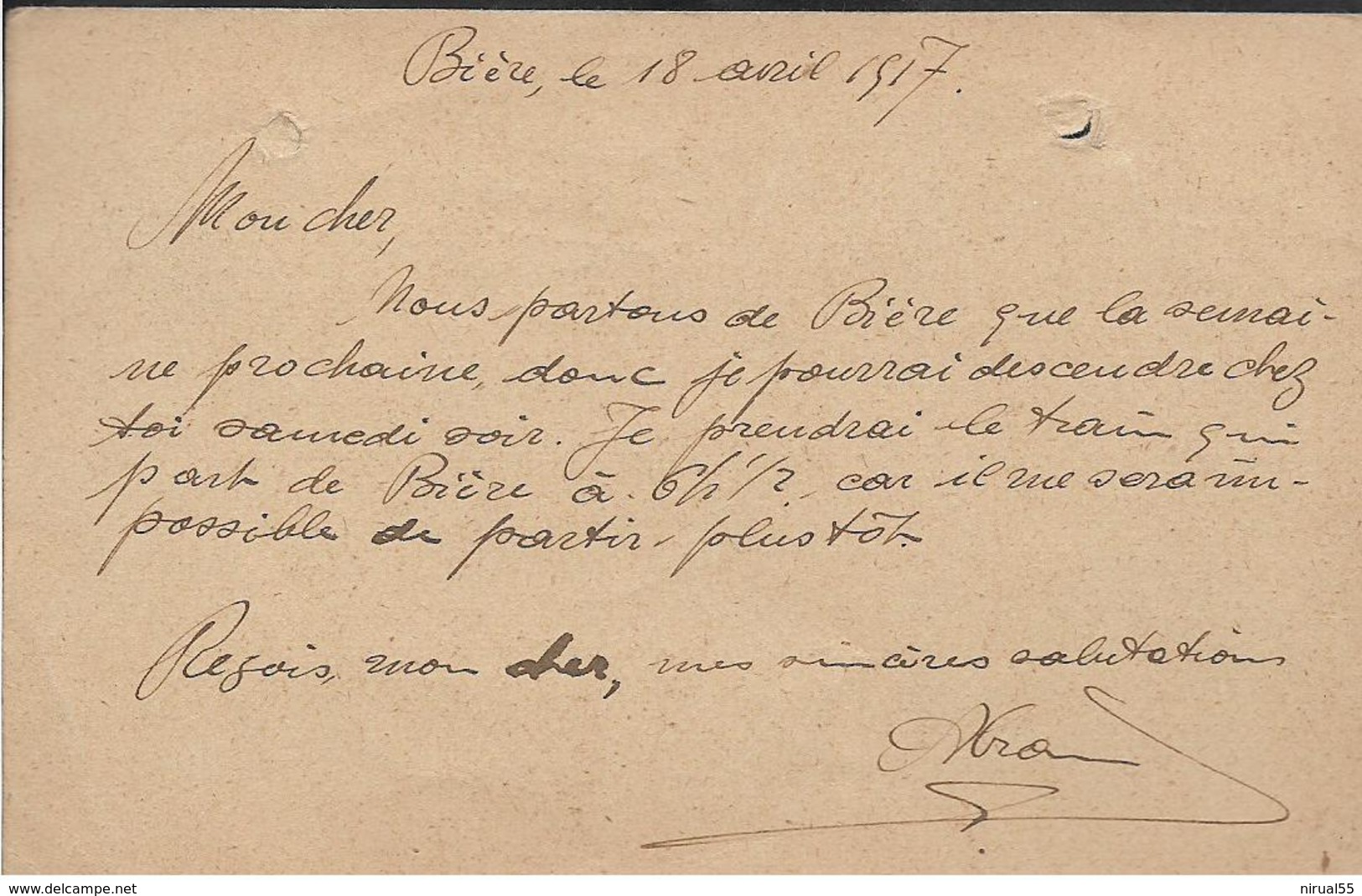 Guerre 14 18 BIERE Suisse CAD 18.11.1917 + Cachet POSTE MILITAIRE Sur Carte Militaire ....G - Poststempel