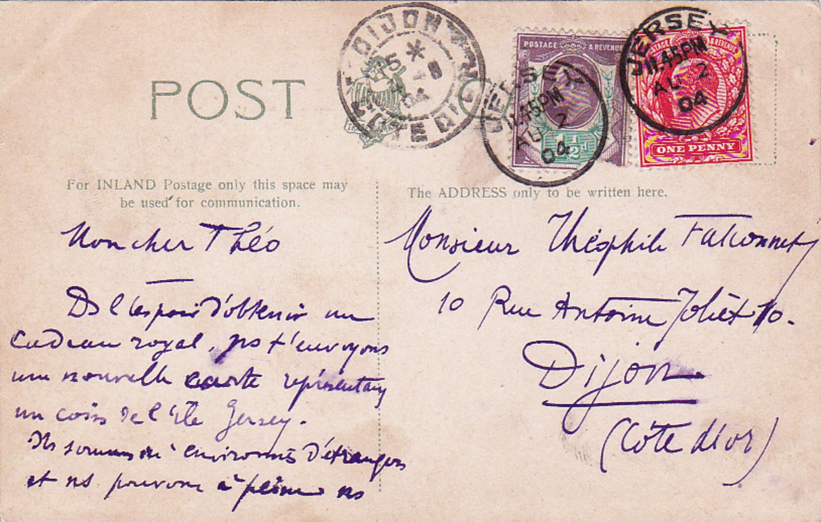 Jersey 1904 Pour Dijon France - Postmark Collection
