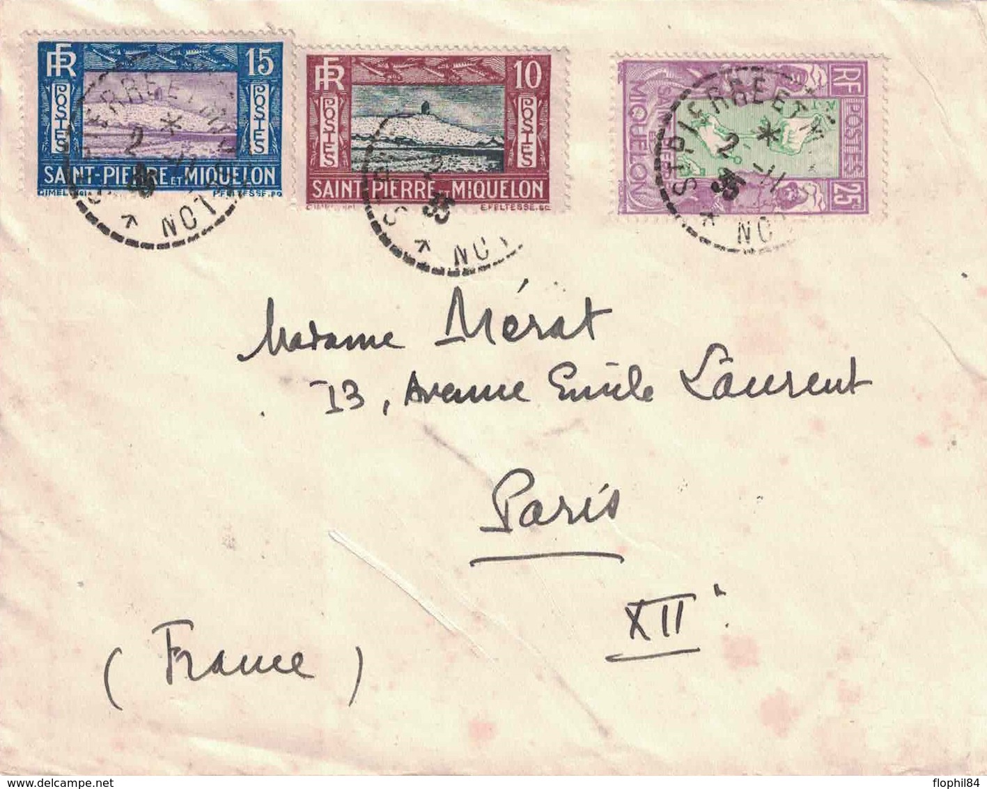 ST PIERRE ET MIQUELON - BEL AFFRANCH  DU 2 NOVEMBRE 1935 - LETTRE POUR PARIS - VERSO ARRIVEE LE 17-11-35. - Briefe U. Dokumente
