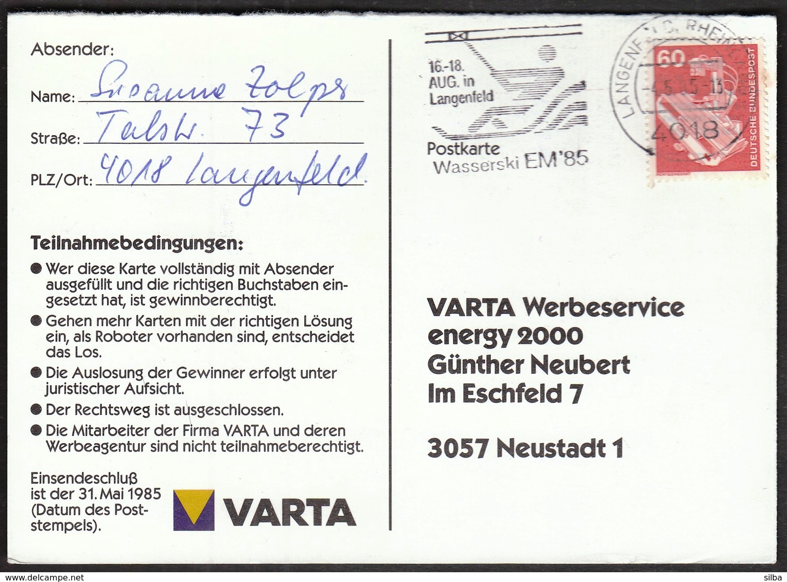 Germany Langenfeld 1985 / Water Skiing European Championship / Wasserski EM / Machine Stamp - Sci Nautico