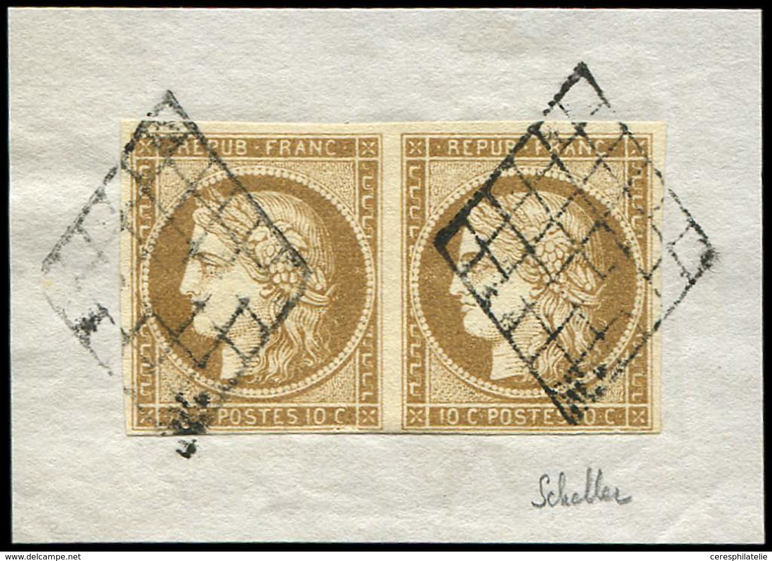 EMISSION DE 1849 1    10c. Bistre-jaune, PAIRE Obl. GRILLE S. Fragt, TTB. Certif. Scheller - 1849-1850 Cérès