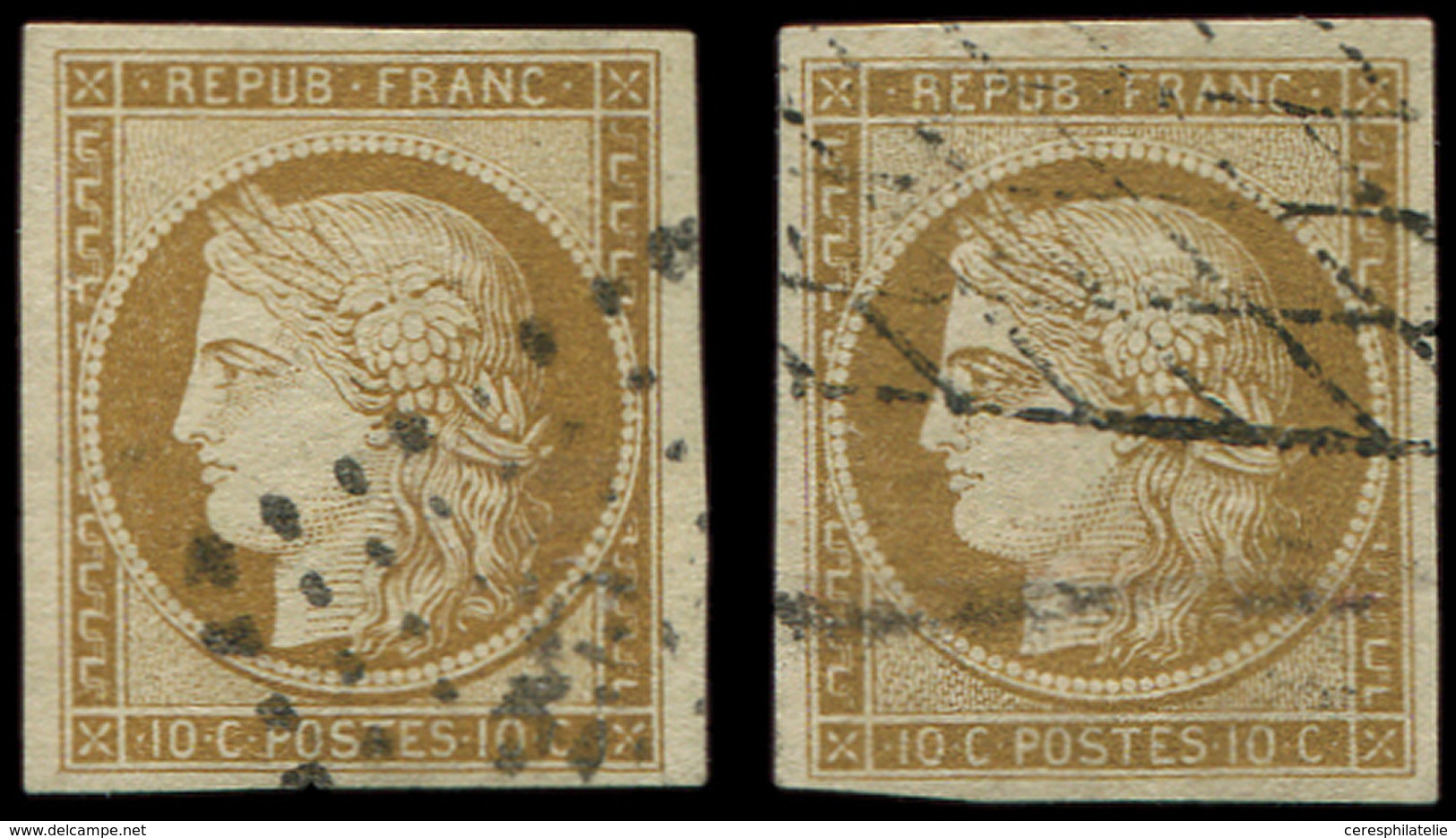 EMISSION DE 1849 1    10c. Bistre-jaune, 2 Ex. Obl. PC Et GRILLE SANS FIN, TB - 1849-1850 Ceres