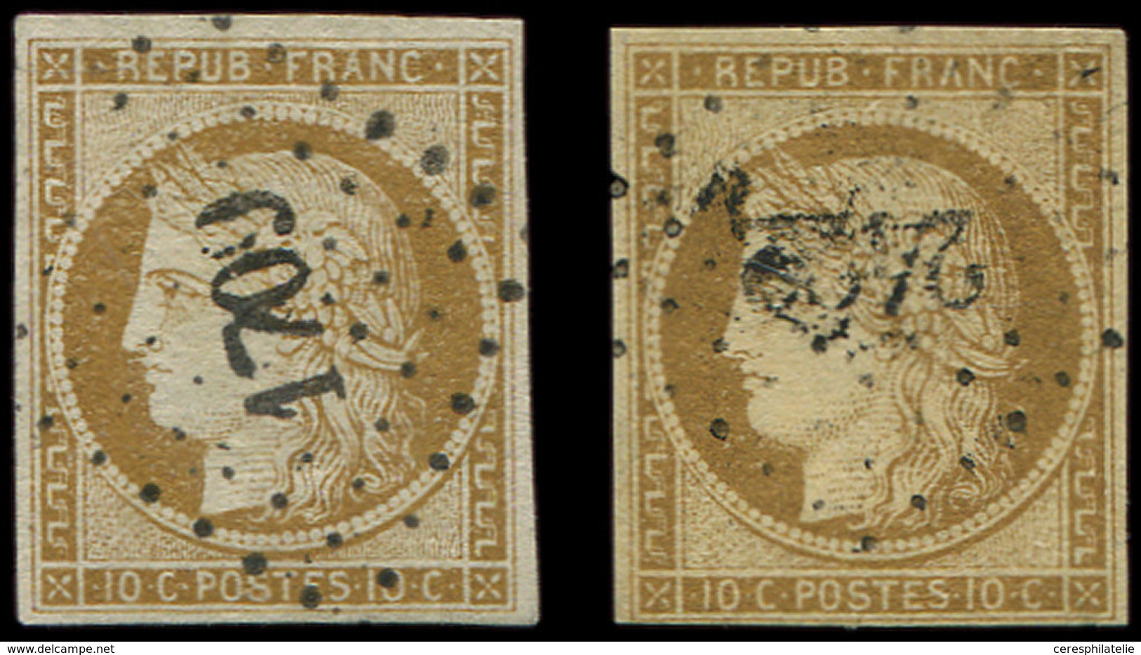 EMISSION DE 1849 1    10c. Bistre-jaune, 2 Nuances Obl. PC, Un Ex. Marge Fine En Bas, L'autre TB - 1849-1850 Cérès