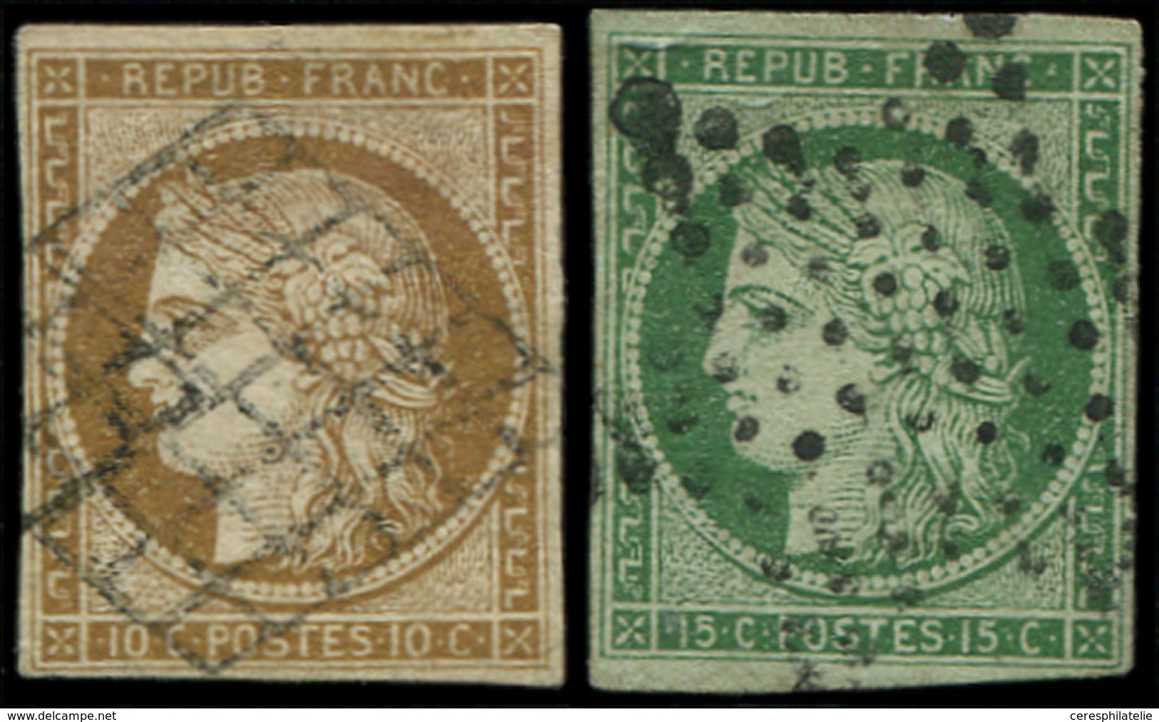 EMISSION DE 1849 1a Et 2, 10c. Bistre Brun Et 15c. Vert, Obl. Grille Et Etoile, TB - 1849-1850 Ceres