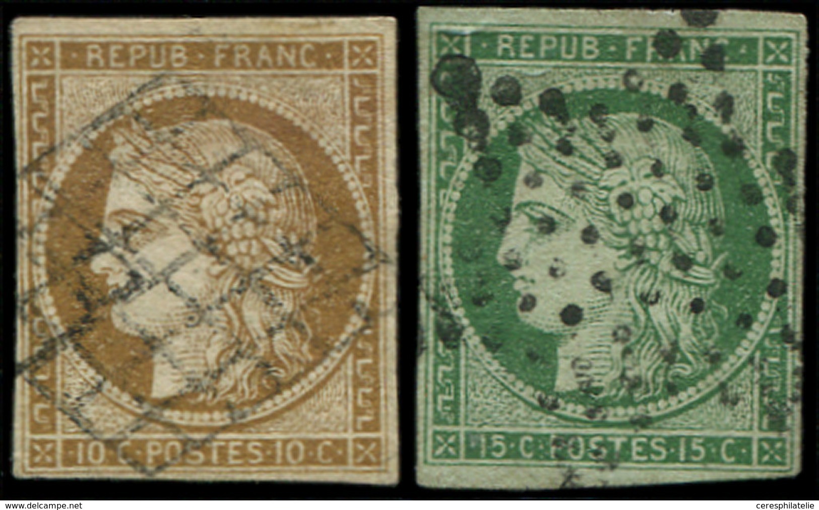 EMISSION DE 1849 1a Et 2, 10c. Bistre Brun Et 15c. Vert, Obl. Grille Et Etoile, TB - 1849-1850 Cérès