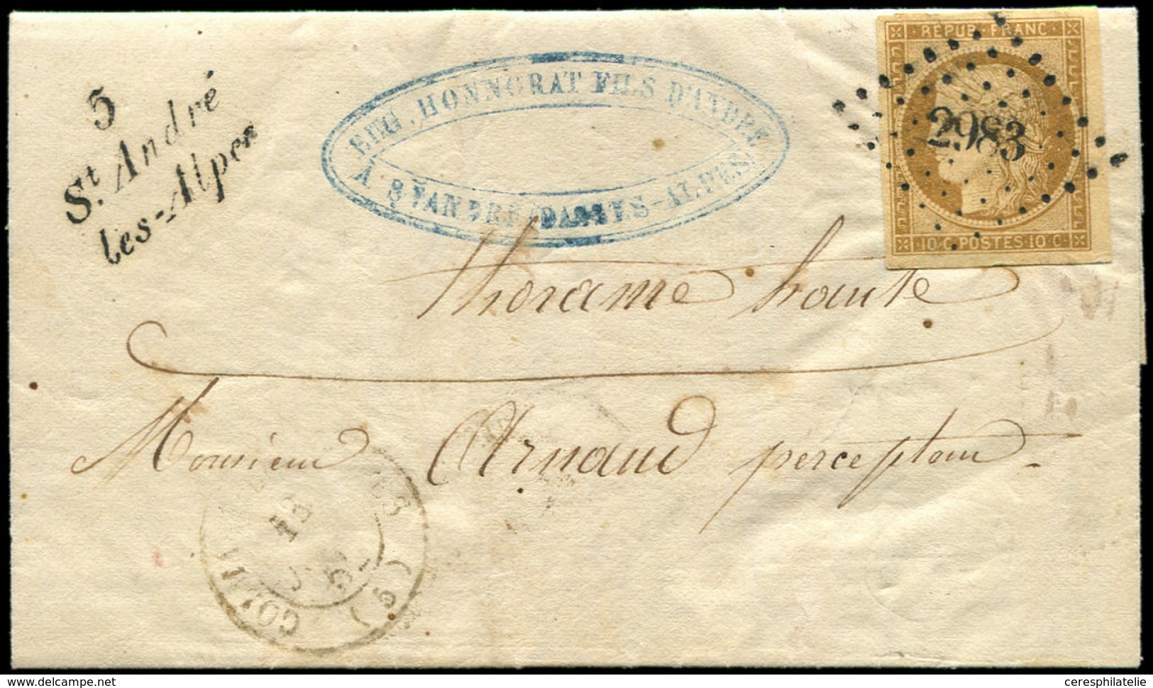 Let EMISSION DE 1849 1    10c. Bistre-jaune, Obl. PC 2983 S. LAC, Càd T15 COLMAR-(LES-ALPES) 13/7/52 Et Cursive 5/St AND - 1849-1850 Ceres