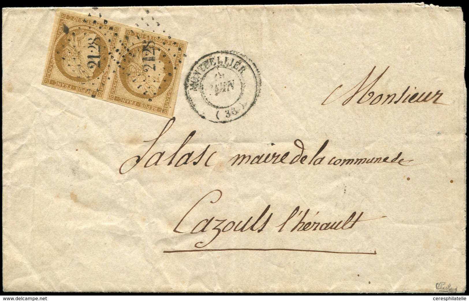 Let EMISSION DE 1849 1    10c. Bistre-jaune, PAIRE Obl. PC 2128 S. LSC, Càd T15 MONTPELLIER 6/52, TTB. C - 1849-1850 Ceres