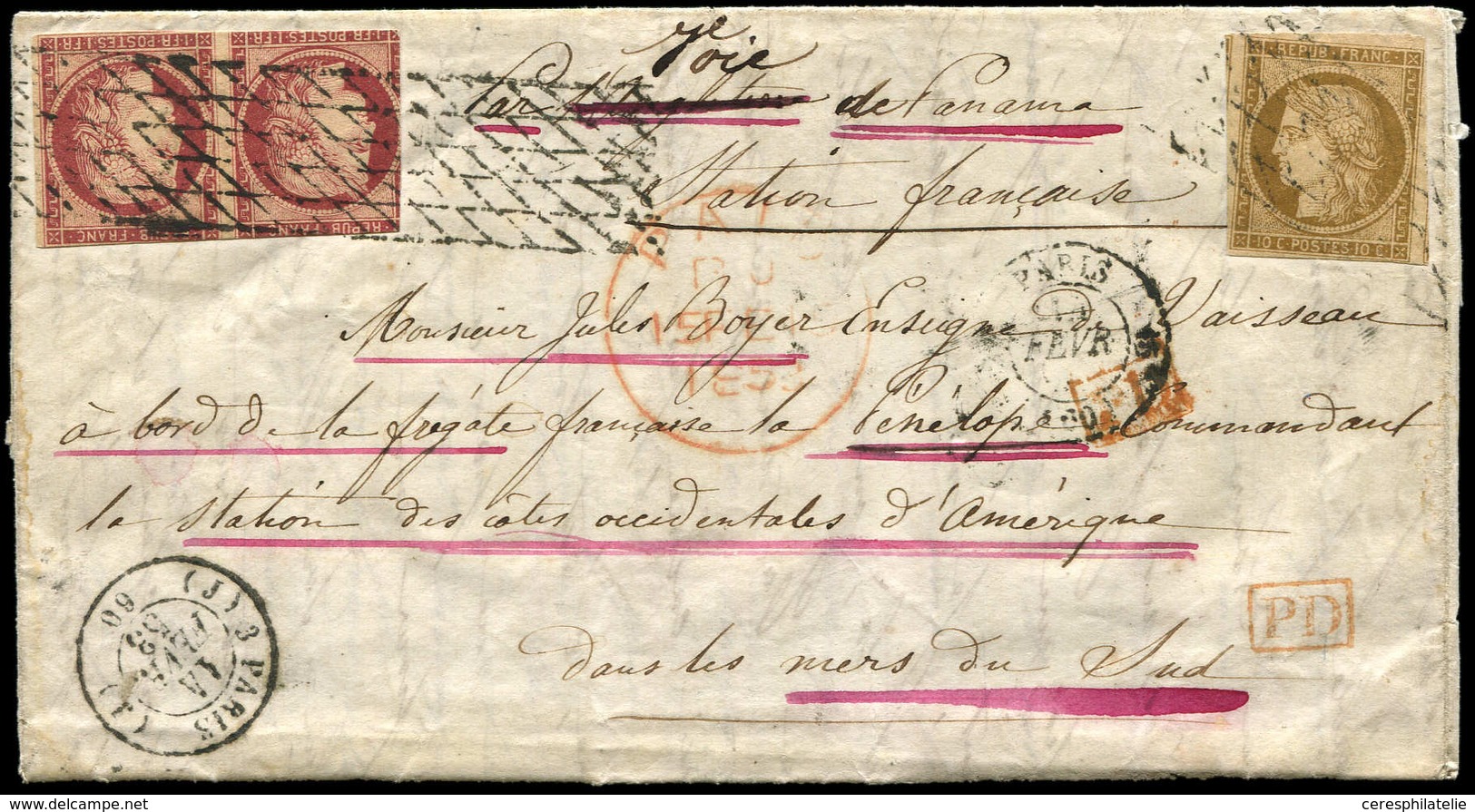 Let EMISSION DE 1849 1 Et 6, 10c. TB Et 1f. PAIRE Entamée, Obl. GRILLE SANS FIN S. LAC Pour Un Enseigne De Vaisseau Sur  - 1849-1850 Cérès