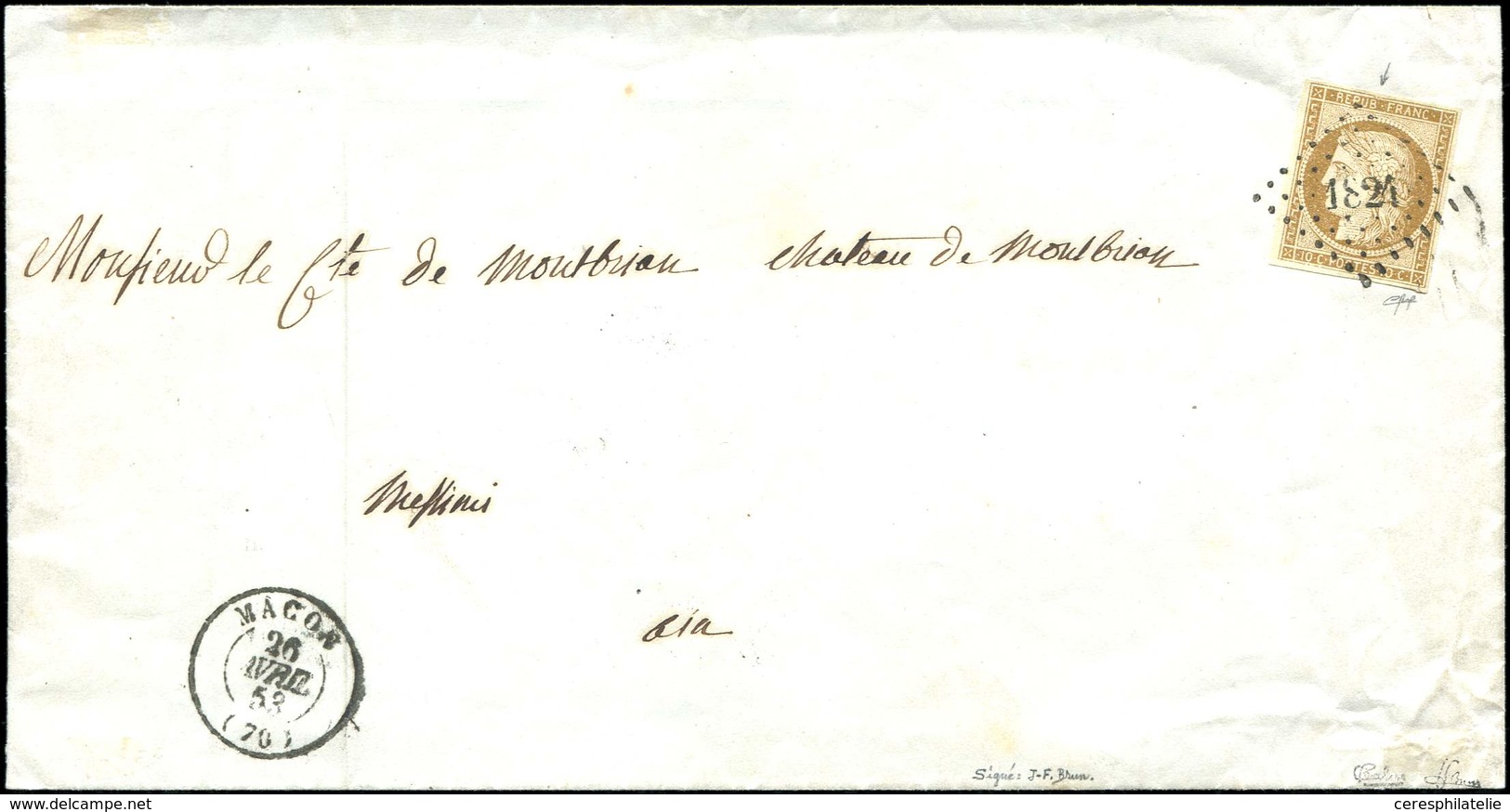 Let EMISSION DE 1849 1a   10c. Bistre Brun, Obl. PC 1824 S. Faire-part, Càd T15 MACON 26/4/58, TTB. C Et J, Cote Maury - 1849-1850 Ceres