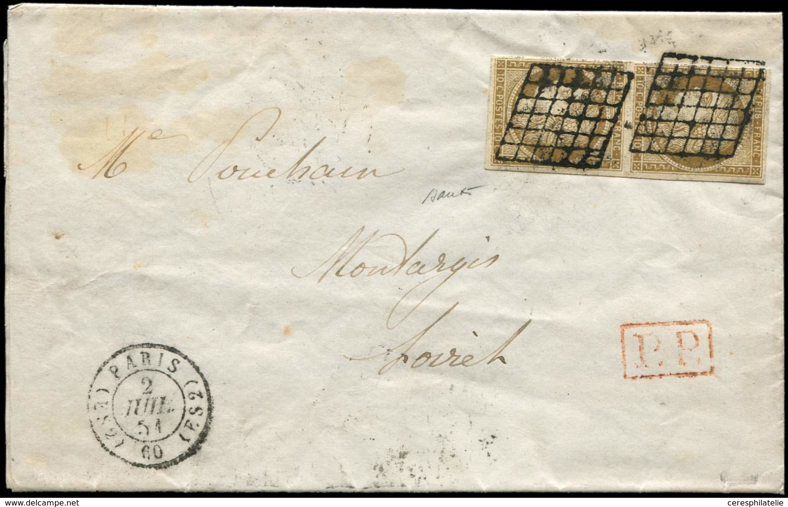 Let EMISSION DE 1849 1b   10c. Bistre VERDATRE, PAIRE Obl. GRILLE S. LAC, Càd (ES2) PARIS (ES2) 2/7/51 Et PP, DOUBLE Por - 1849-1850 Ceres