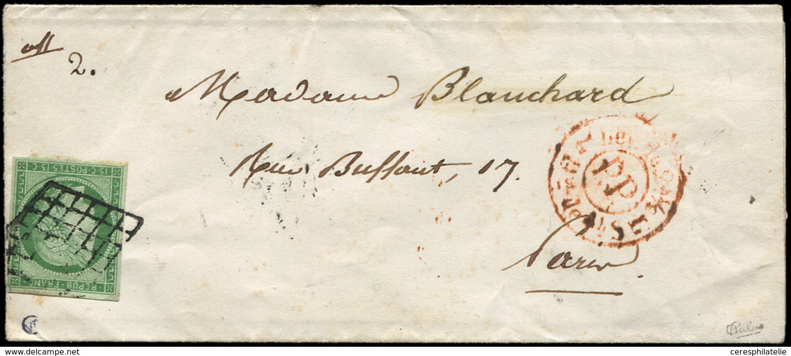 Let EMISSION DE 1849 2    15c. Vert, Obl. GRILLE S. LSC, Cachet Rouge Lev. De 2h1/2 Don De 4hS./L/PP, Arr. 4/9/50, TB. C - 1849-1850 Ceres