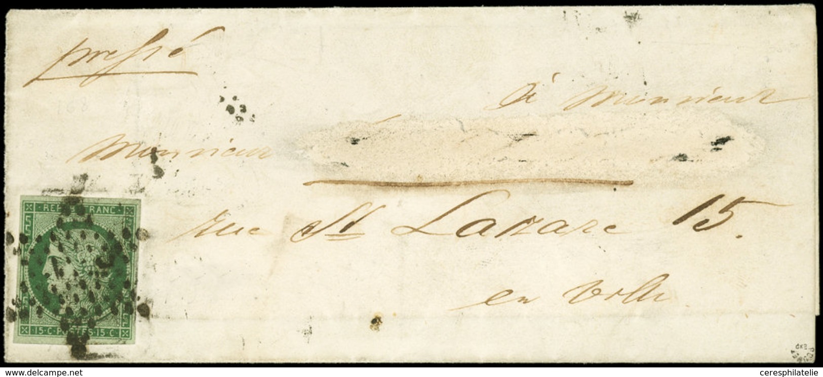 Let EMISSION DE 1849 2c   15c. Vert TRES FONCE, Bien Margé, Obl. ETOILE S. LSC, Au Verso Càd PARIS (60) 2/12/52, Nom Du  - 1849-1850 Ceres