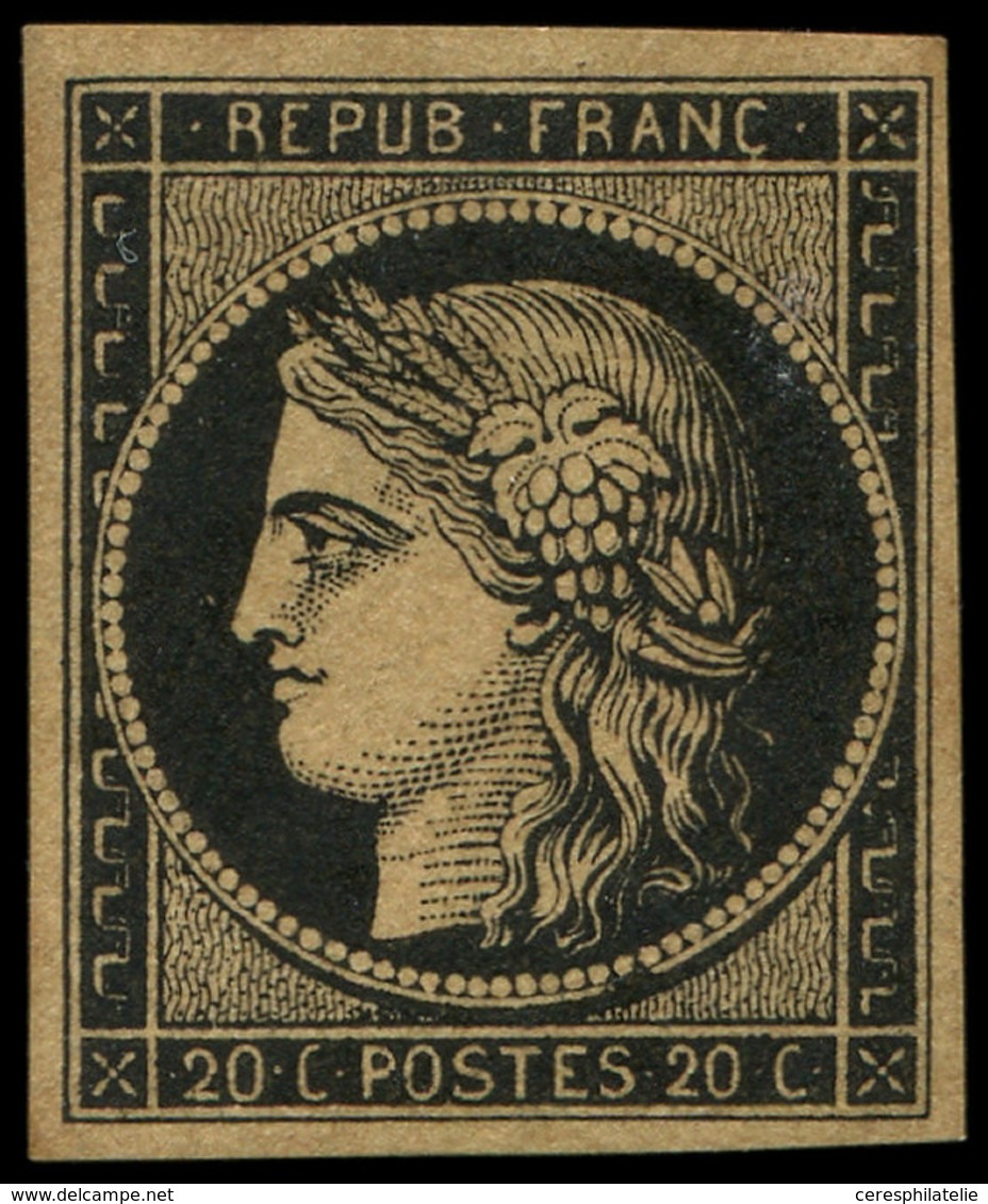 * EMISSION DE 1849 3g   20c. Noir Sur CHAMOIS Très Foncé, "FAUVE", Gomme Légèrement étendue, Sinon R Et TB, Certif. Calv - 1849-1850 Ceres