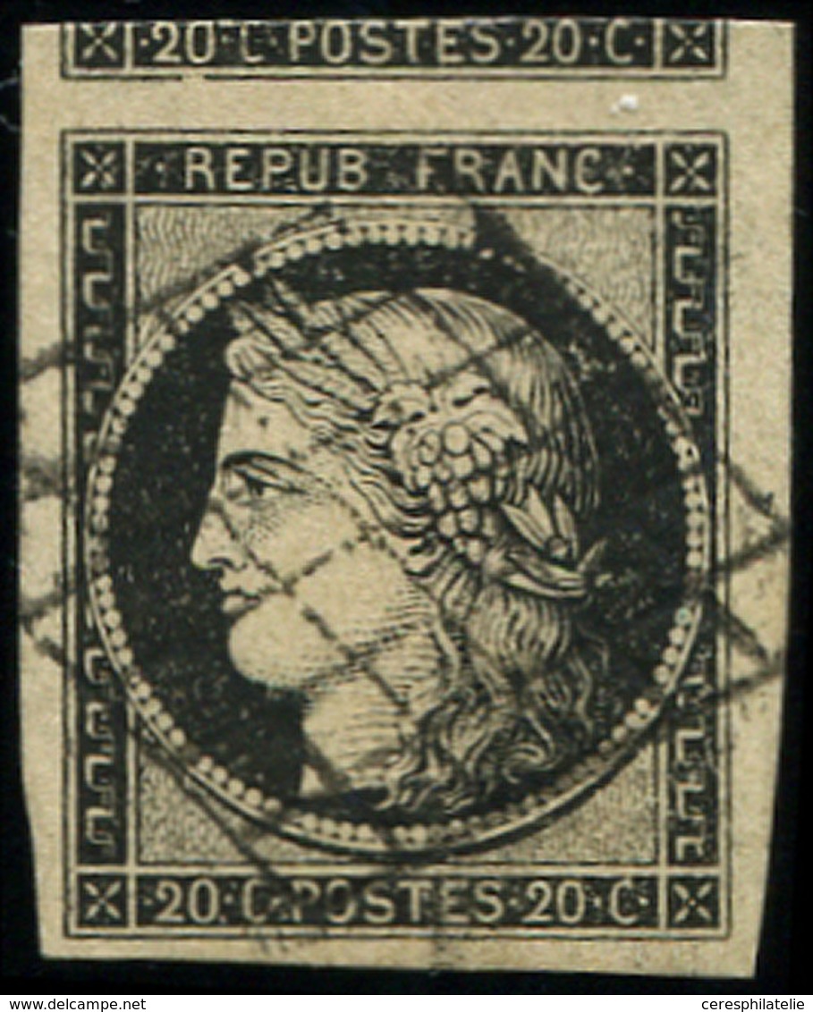 EMISSION DE 1849 3    20c. Noir Sur Jaune, Obl. GRILLE, Voisin En Haut, Grandes Marges, Superbe - 1849-1850 Cérès