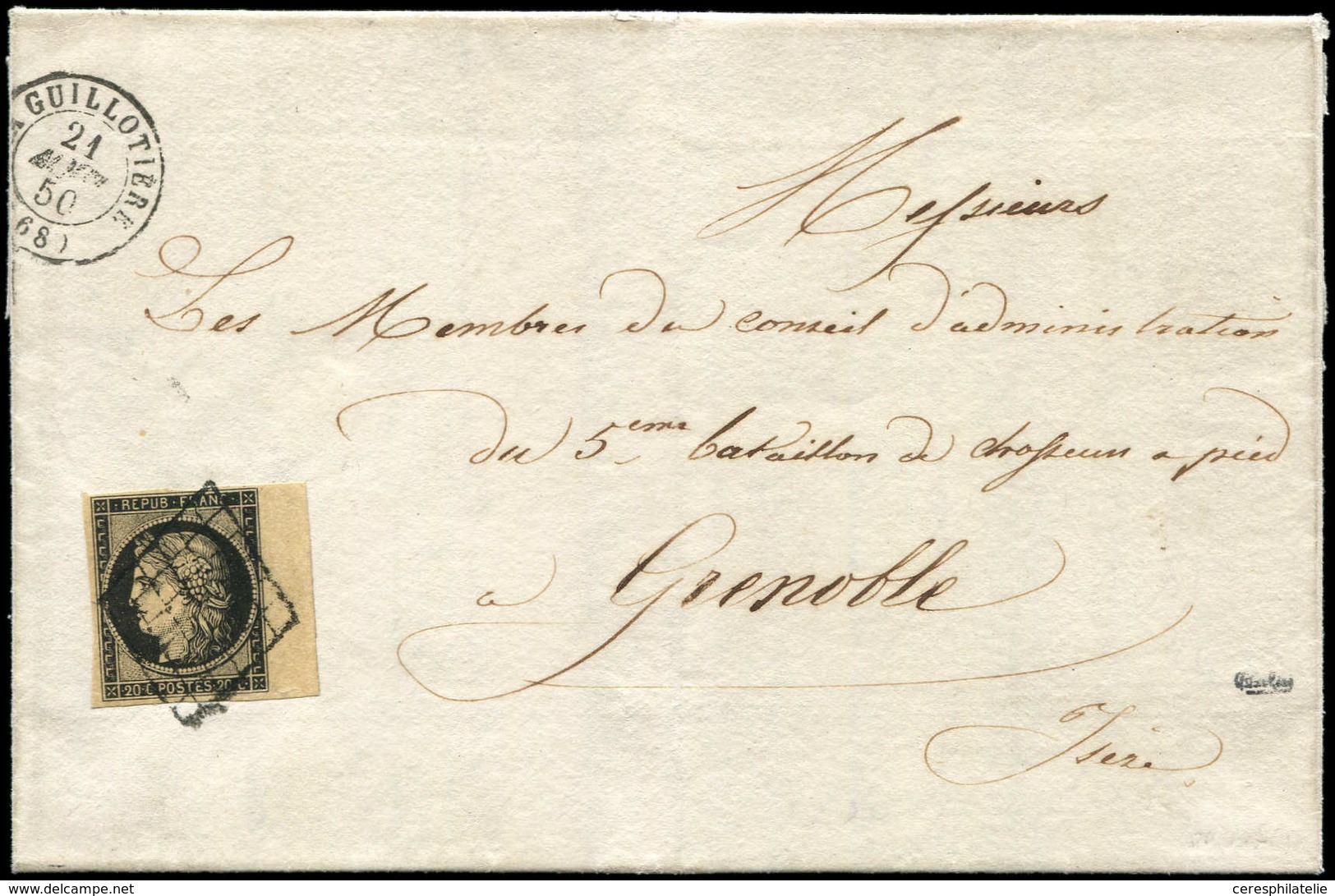 Let EMISSION DE 1849 3    20c. Noir Sur Jaune, Bdf, Obl. GRILLE S. LAC, Càd T15 LA GUILLOTIERE 21/8/50, Tarif MILITAIRE  - 1849-1850 Cérès