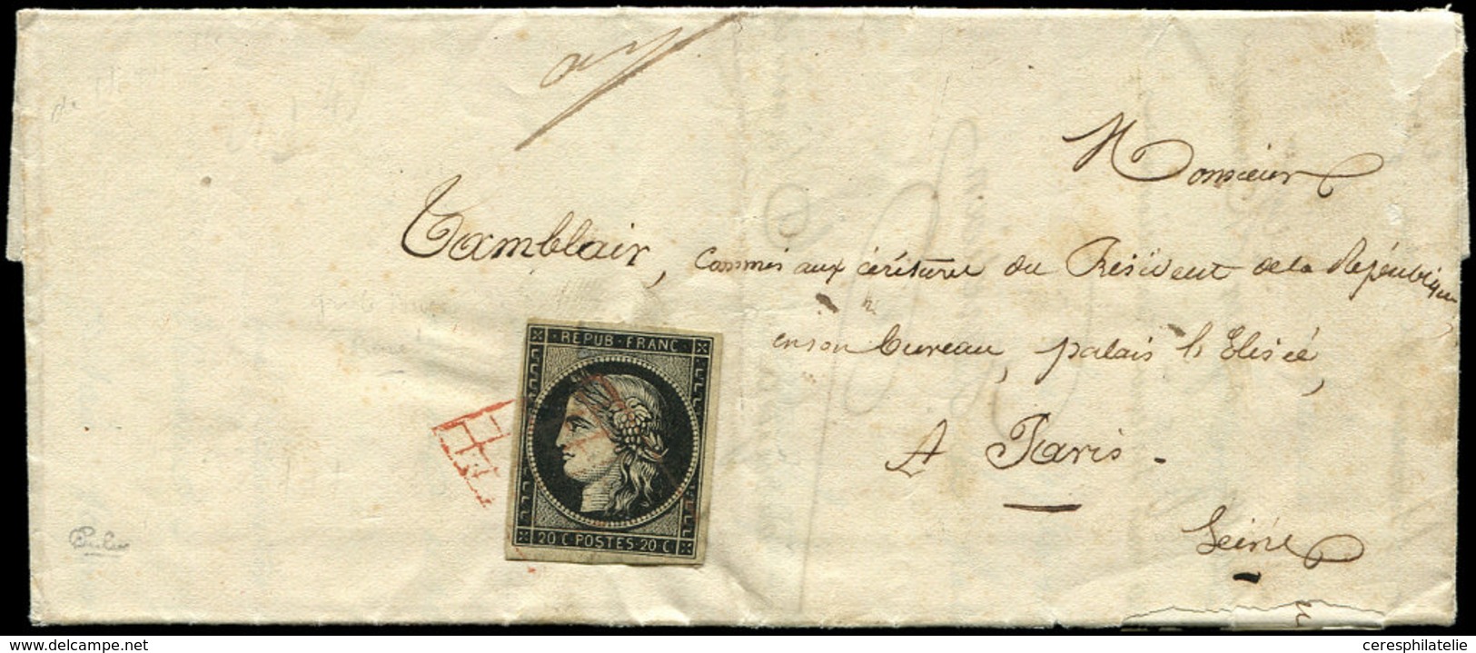 Let EMISSION DE 1849 3    20c. Noir Sur Jaune, Obl. GRILLE ROUGE S. LAC De THIONVILLE 22 JANV 49 à Paris, Timbre Restaur - 1849-1850 Cérès