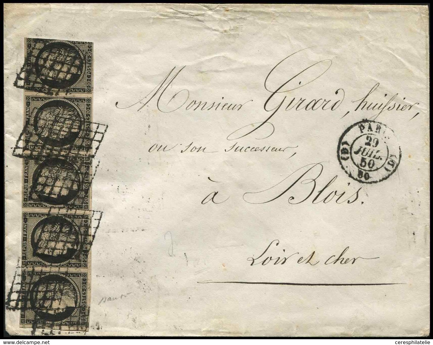 Let EMISSION DE 1849 3b   20c. Noir Sur CHAMOIS Clair, BANDE De 5, 1er Et 2e T. Effl., Le 5e Entamé, Obl. GRILLE S. Env. - 1849-1850 Ceres