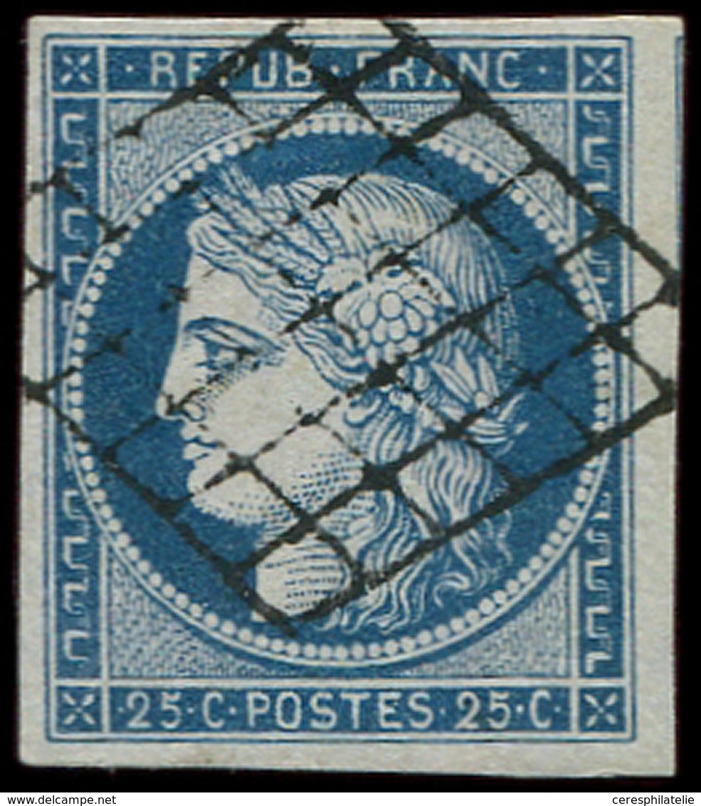 EMISSION DE 1849 4    25c. Bleu, Oblitéré GRILLE, Belles Marges, TB/TTB - 1849-1850 Ceres