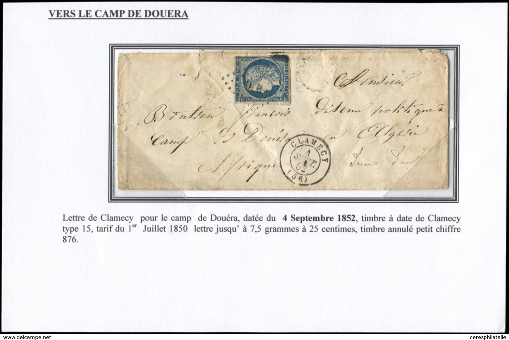 Let EMISSION DE 1849 4    25c. Bleu, Défx, Obl. PC 876 S. Env., Càd CLAMECY 4/9/52 Pour Le Camp De DOUERA - 1849-1850 Ceres