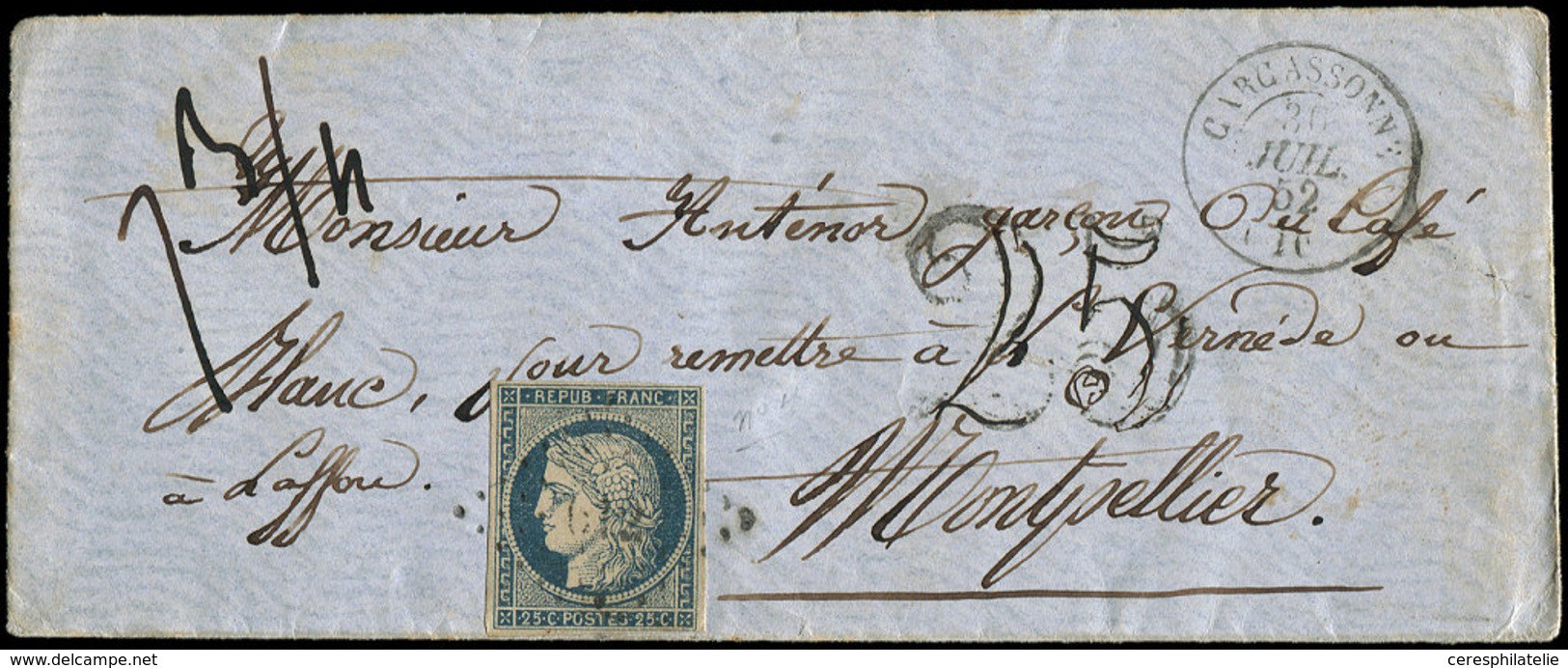 Let EMISSION DE 1849 4    25c. Bleu, Obl. PC 612 S. Env., Càd T15 CARCASSONNE 30/7/52, Poids 7 3/4 Donc Taxe 25 DT, TB - 1849-1850 Ceres