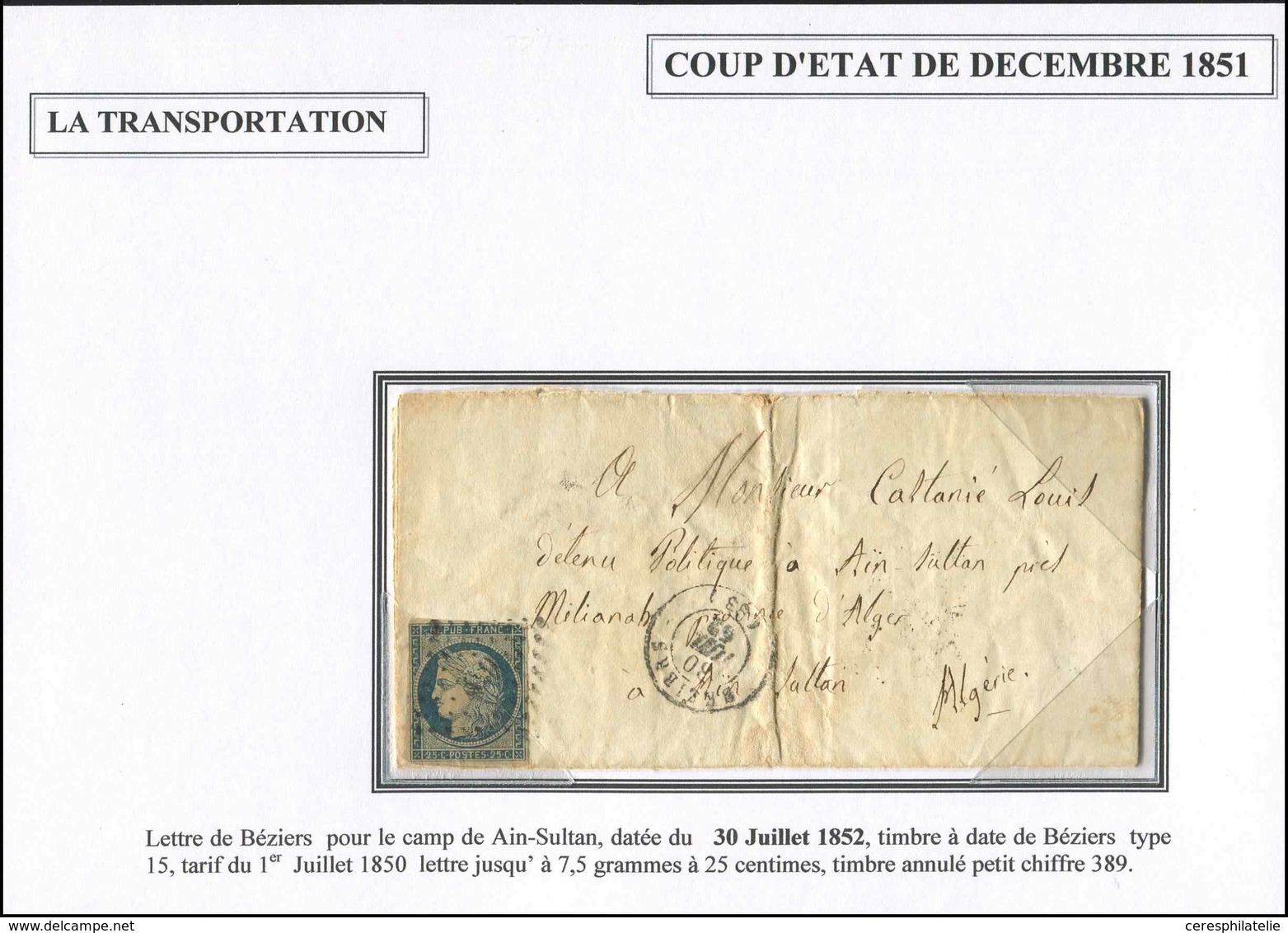 Let EMISSION DE 1849 4    25c. Bleu, Défx, Obl. PC 389 S. LAC, Càd BEZIERS 30/7/52 Pour Le Camp De AIN-SULTAN, B/TB - 1849-1850 Ceres