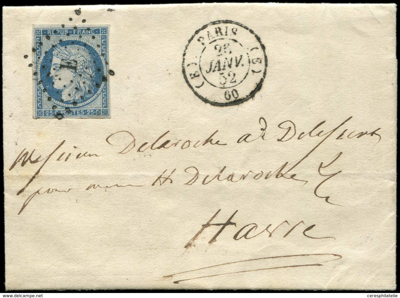 Let EMISSION DE 1849 4    25c. Bleu, Obl. Los. E S. LAC, Càd (E) PARIS (E) 26/1/52, TTB - 1849-1850 Ceres