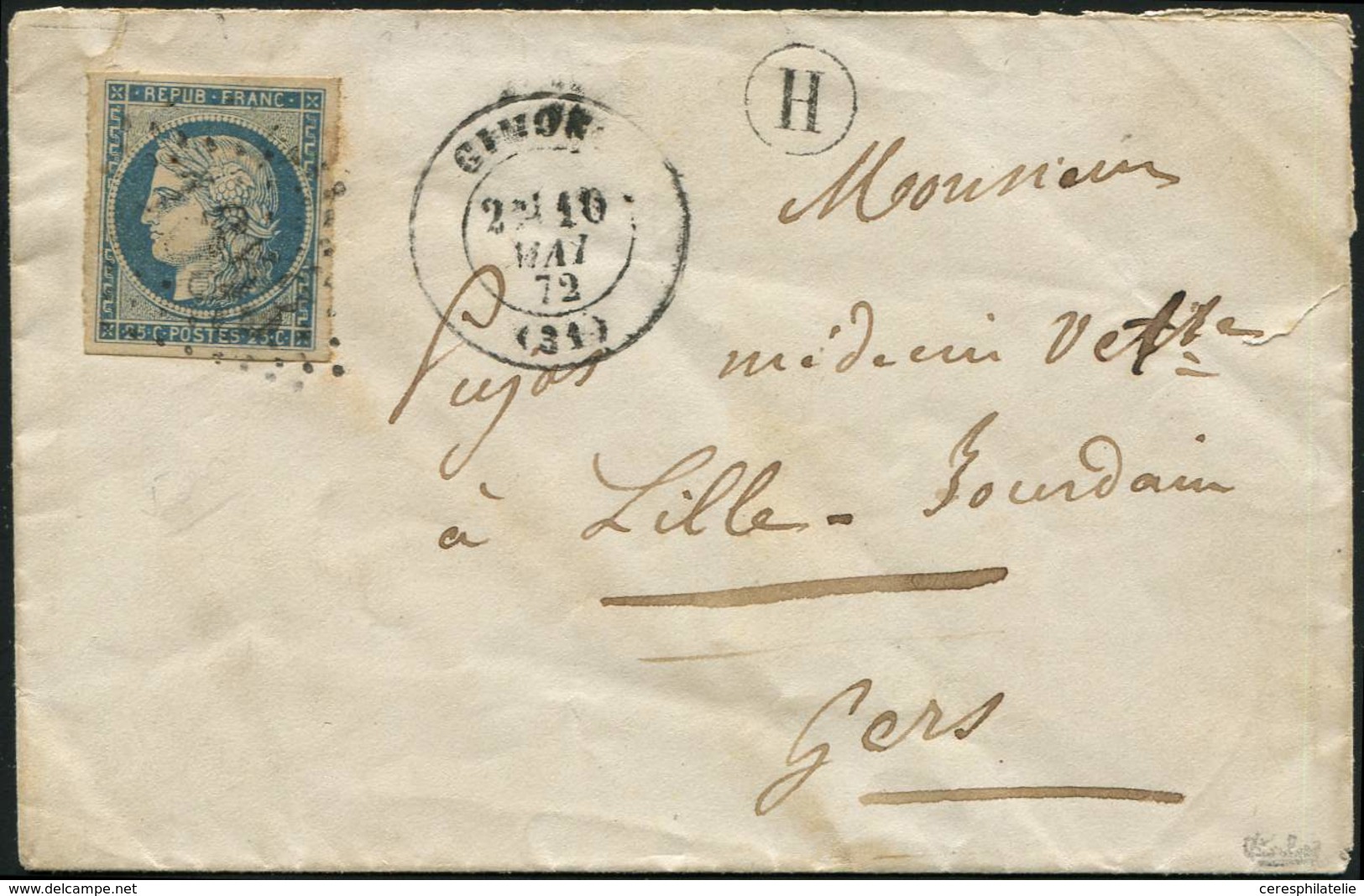 Let EMISSION DE 1849 4    25c. Bleu, Obl. GC S. Env., Càd T17 GIMONT 10/5/72 Et Boite H, Frappe Moyenne Mais Grande Rare - 1849-1850 Ceres