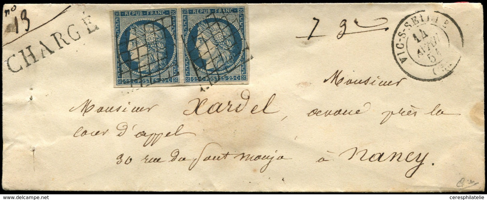 Let EMISSION DE 1849 4    25c. Bleu, PAIRE Obl. GRILLE S. Env. CHARGE, Càd T15 VIC-S-SEINE 14/4/51, RR Et TTB - 1849-1850 Ceres