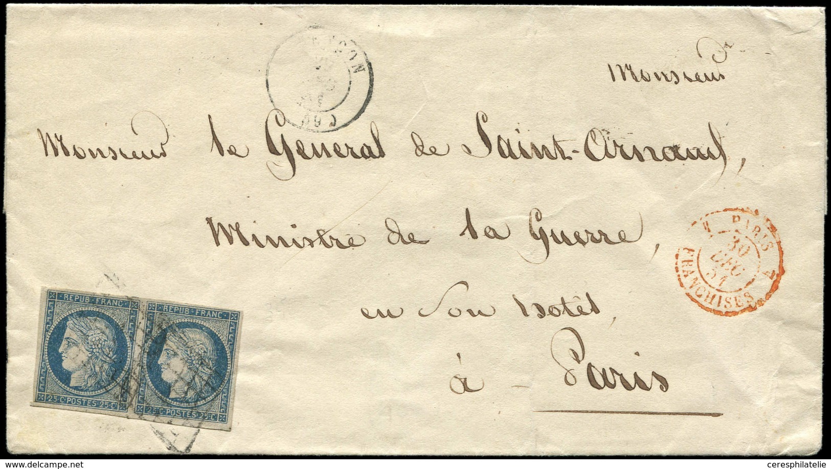 Let EMISSION DE 1849 4    25c. Bleu, PAIRE Obl. GRILLE S. LSC, Càd T15 ALENCON 29/12/51 Et Càd ROUGE PARIS FRANCHISES 30 - 1849-1850 Ceres