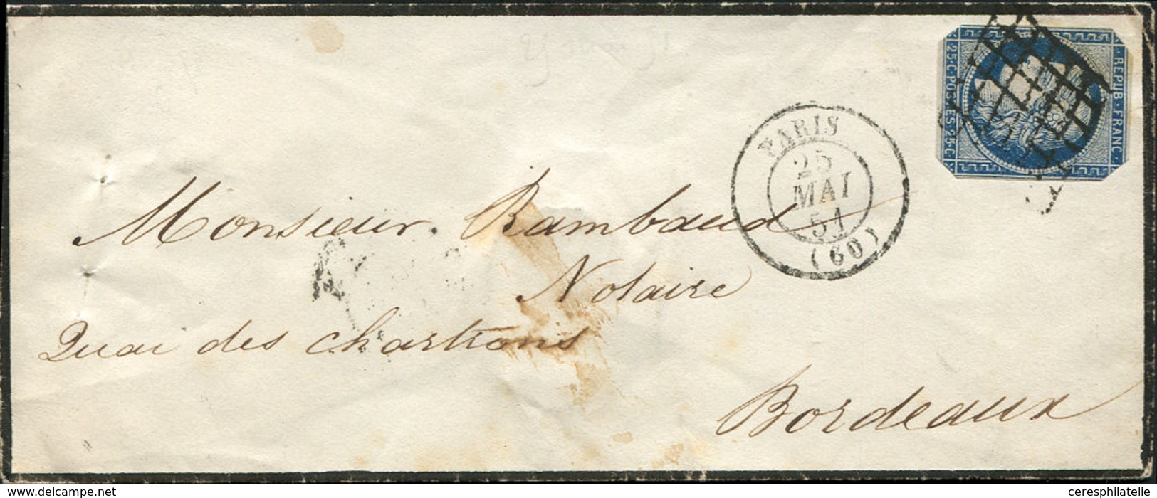 Let EMISSION DE 1849 4a   25c. Bleu Foncé, COUPE Aux 4 COINS, Obl. GRILLE S. Env., Càd T15 PARIS 25/5/51, Spectaculaire  - 1849-1850 Ceres