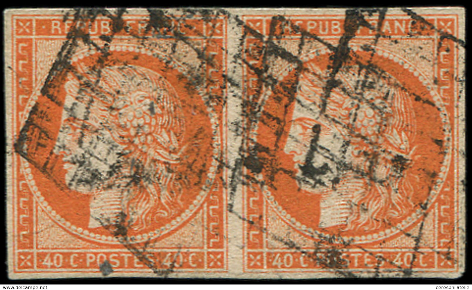 EMISSION DE 1849 5    40c. Orange, PAIRE Oblitérée GRILLE, TB, Cote Cérès - 1849-1850 Ceres