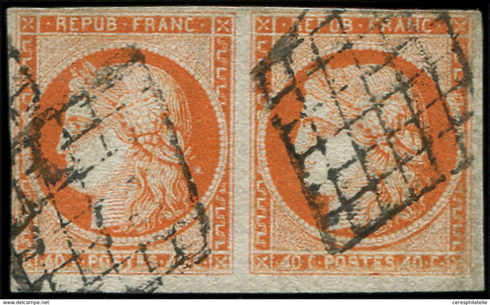 EMISSION DE 1849 5f   40c. Orange, 4 RETOUCHE Tenant à Normal, Obl. GRILLE, Restauré, Aspect TB - 1849-1850 Ceres