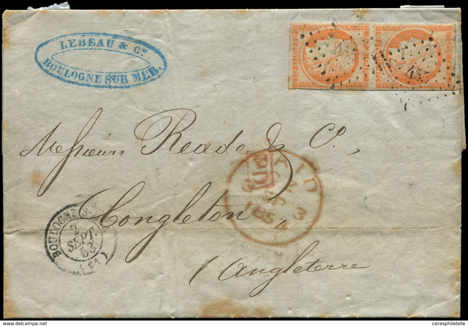 Let EMISSION DE 1849 5    40c. Orange, PAIRE Obl. PC 453 S. LAC, Càd T15 BOULOGNE-S-MER 2/9/53 Et Càd ROUGE PAID 3/9, Ar - 1849-1850 Ceres