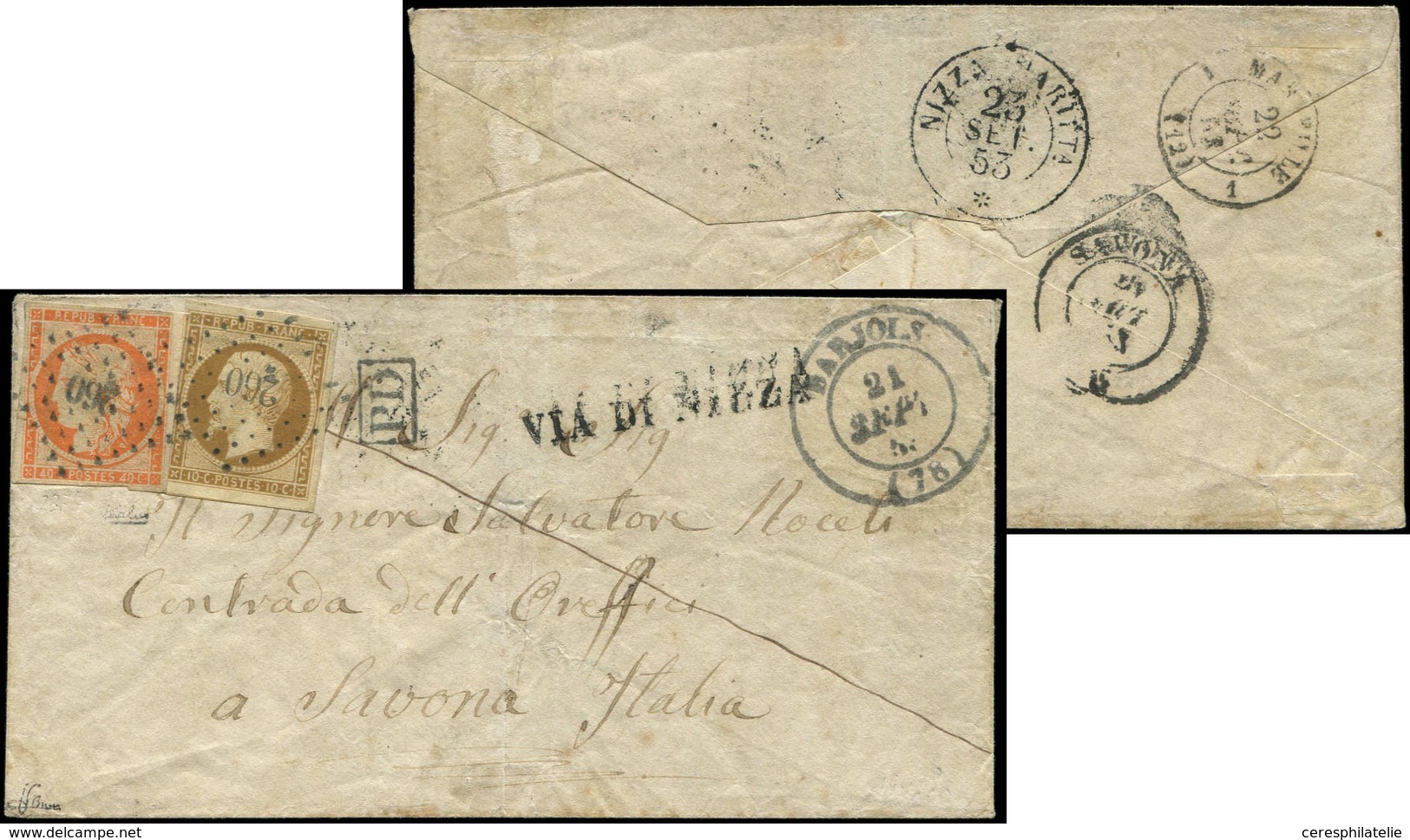 Let EMISSION DE 1849 5 Et 9, 40c. Orange Et 10c. Bistre Obl. PC 269 S. Env., Càd T14 BARJOLS 21/9/53, Griffe VIA DI NIZZ - 1849-1850 Ceres