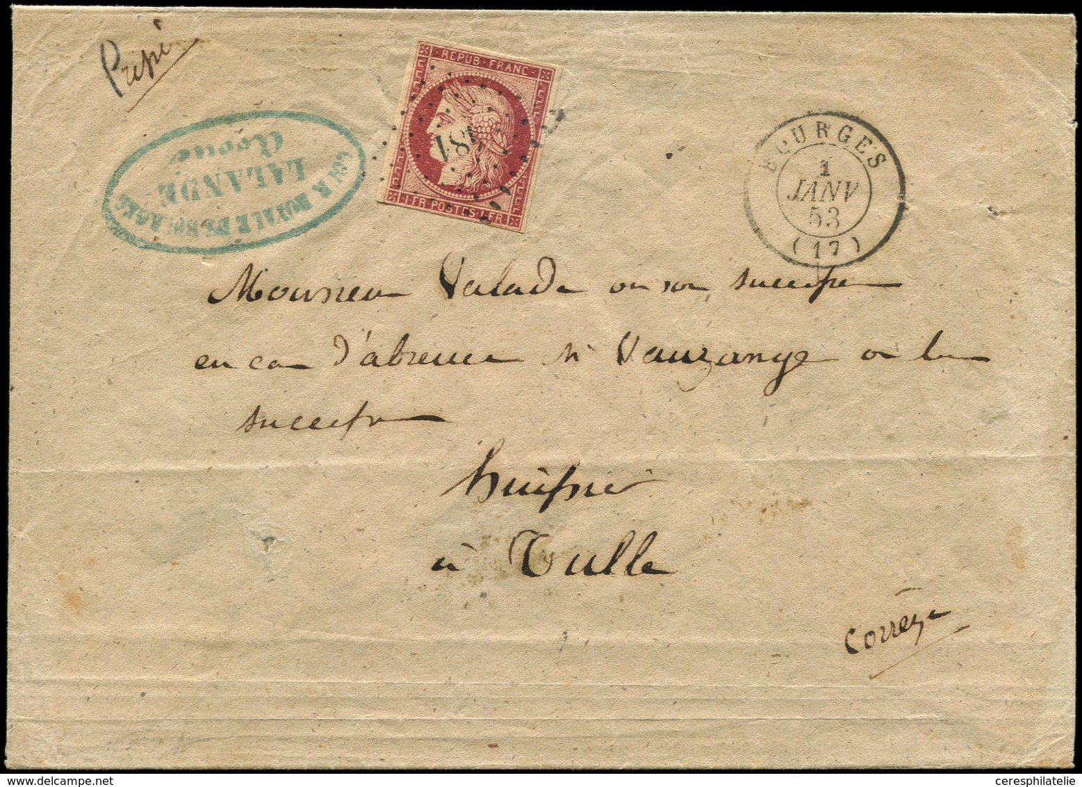 Let EMISSION DE 1849 6     1f. Carmin, Obl. PC 481 S. Env., Càd T15 BOURGES 1/1/53, Filet Intact En Bas, TRIPLE Port, TB - 1849-1850 Ceres